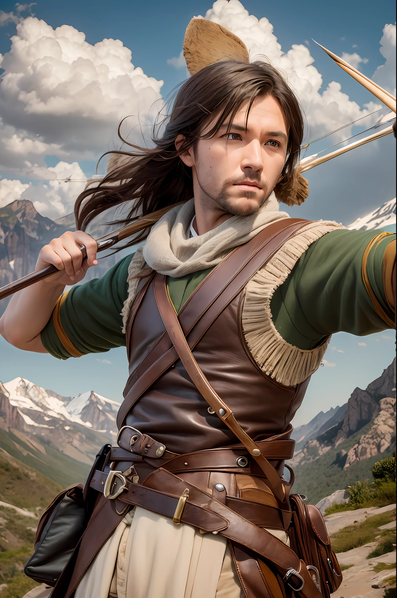 Robin hood with bow and arrow in the mountains super realistic picture photography --auto --s2