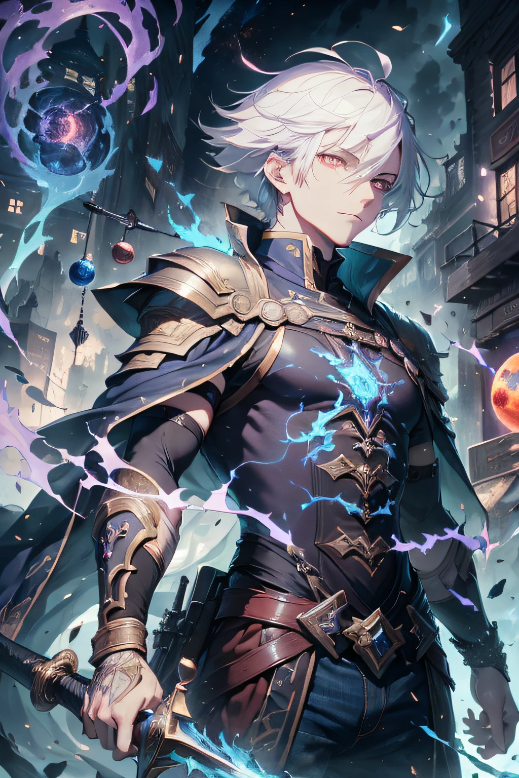 (absurdities,A high-resolution,hyper detailed),A Masterpiece,bestbestquality,A man dressed in black wields a duel sword,With a big sword,A sword surrounded by blue flames,official character art,Very short hair,White hair,Bright red eyes,finely eye,Detailed face,detailed hair,A city in ruins,Dark background,fullbody view,sparks,whirlpool,celestial bodies,From below,Look down, Denim Lens,Chinese Taoism,exquisite facial features,Lightning bolt in the background,Long orange hair,Red eyes