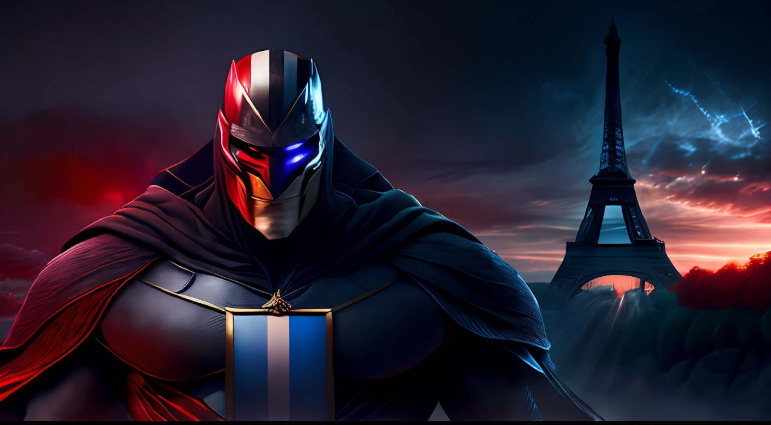 A high resolution image (8k UHD) shows a dark and powerful super villain, whose colors and visual elements in his appearance represent the flag of France. The scenery takes place in the stunning and distinctive landscapes of France, that provide a realistic and immersive setting for the villain's nefarious actions. The image captures the essence of the nation of France, while highlighting its immense power and menacing nature.