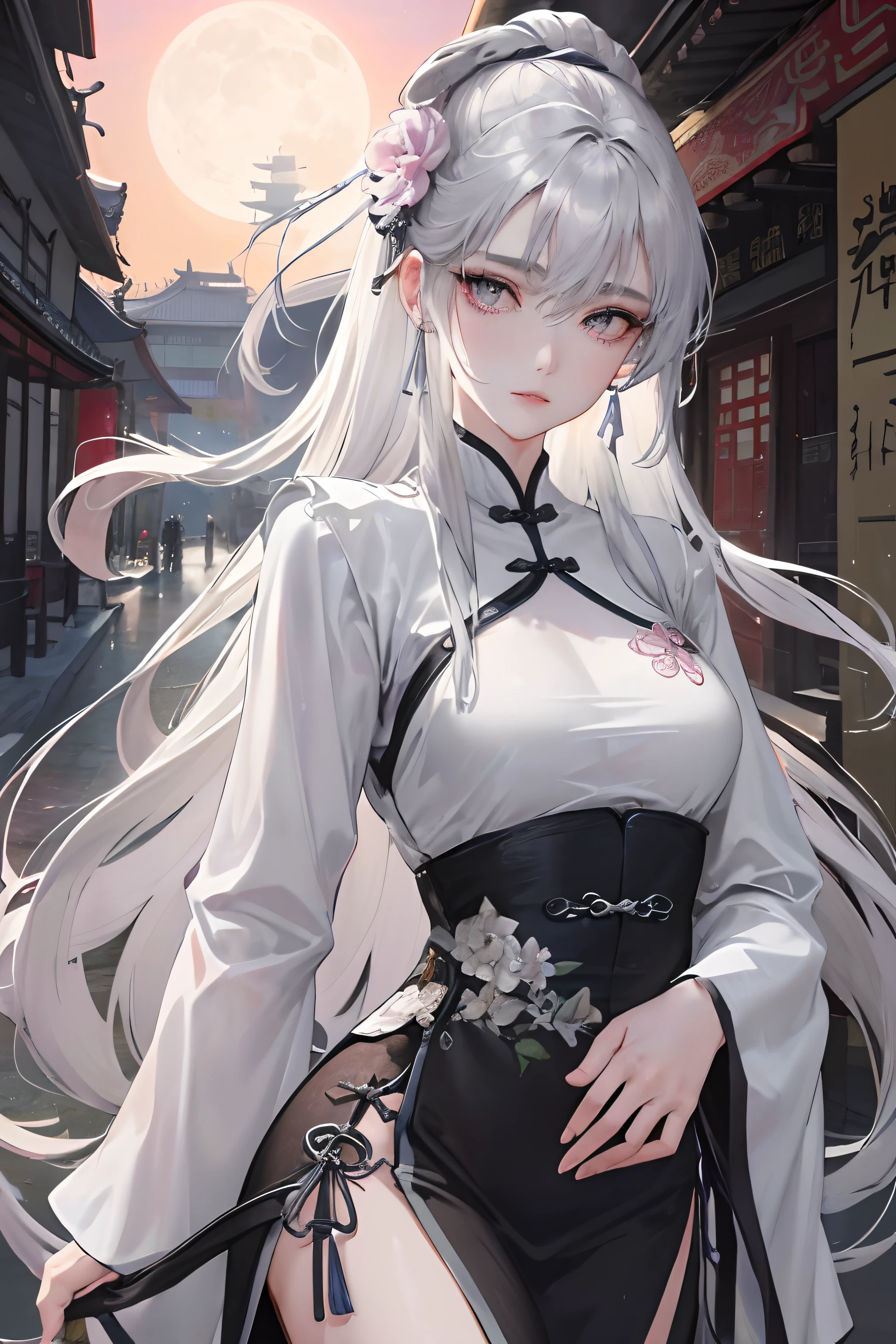 Masterpiece, Best Quality, Night, Full Moon, 1 Girl, Mature Woman, Chinese Style, Ancient China, Sister, Royal Sister, Cold expression, expressionless face, Silver white long haired woman, Light pink lips, Calm, Intellectual, Three belts, Gray pupils, Assassin, Short knife, Flower ball background, Strolling in the street scenery