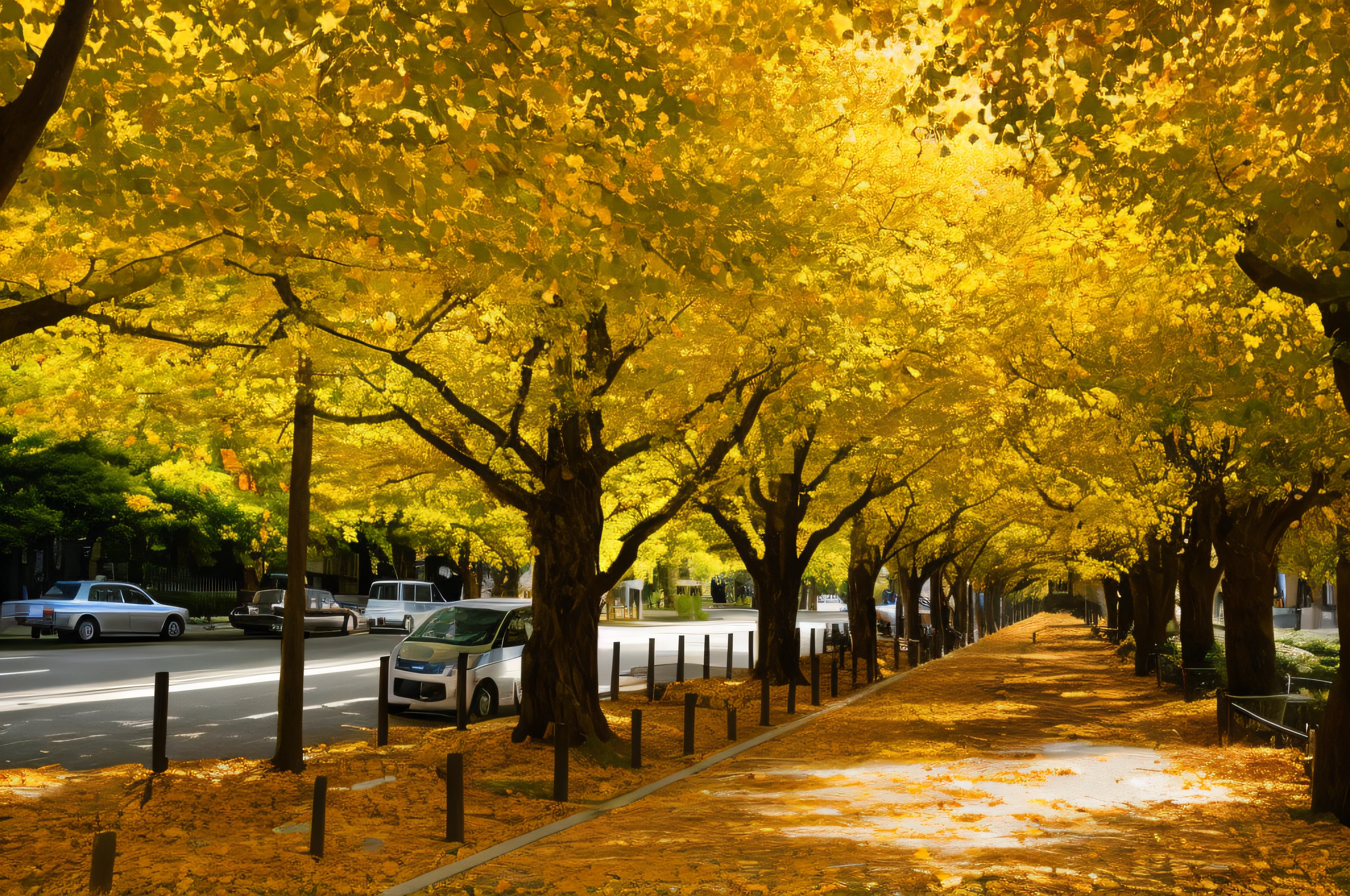 Trees on the sidewalk of a residential area lined with cars々Lined up, maple trees along street, linden trees, north melbourne street, in karuizawa, the city is full of green plants, green alley, Outside trees々, streetscape, photograph of the city street, green alley, beginning of autumn, trees with lots of leaves, full trees, Brilliant