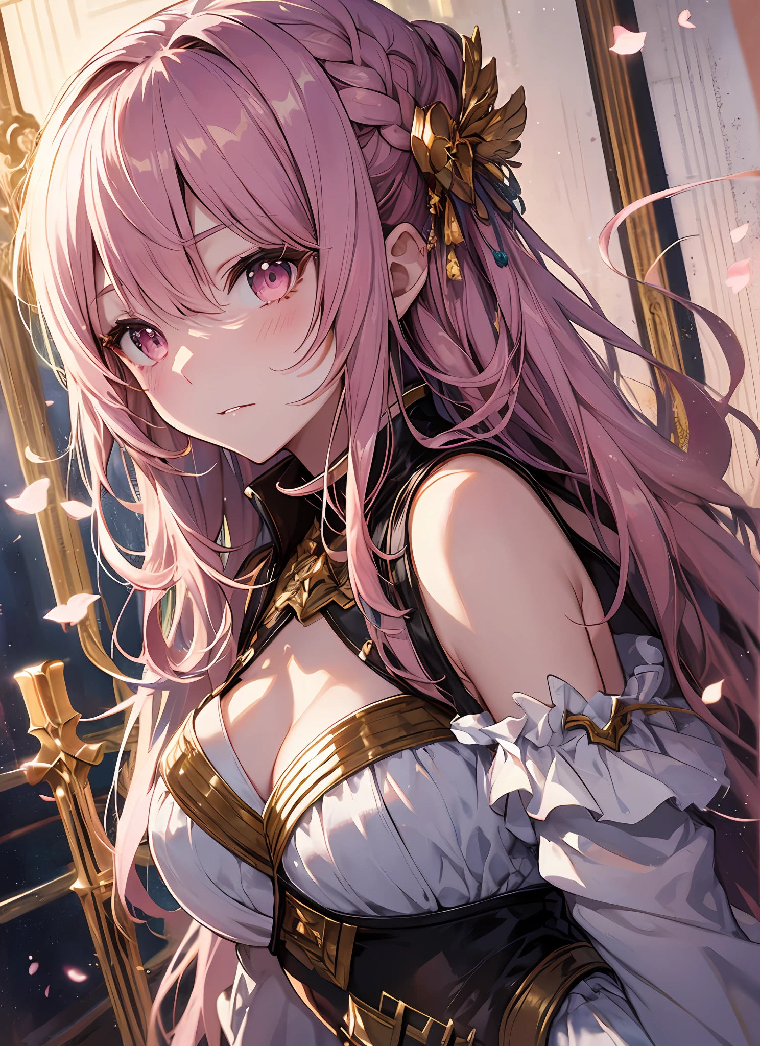 A masterpiece of literary text、maximum quality、Asuna\(stars\)、1女の子、armature、bare shoulder、blushed、breastplate、Pink eyes、Pink Hair、The dress、Luxurious dresses、Lambent Light、slong hair、Watch your audience、Golden Ribbon、ribbons、scabbard、Very long hair white armor、White dress　ponytails　Hairy hair　A sexy