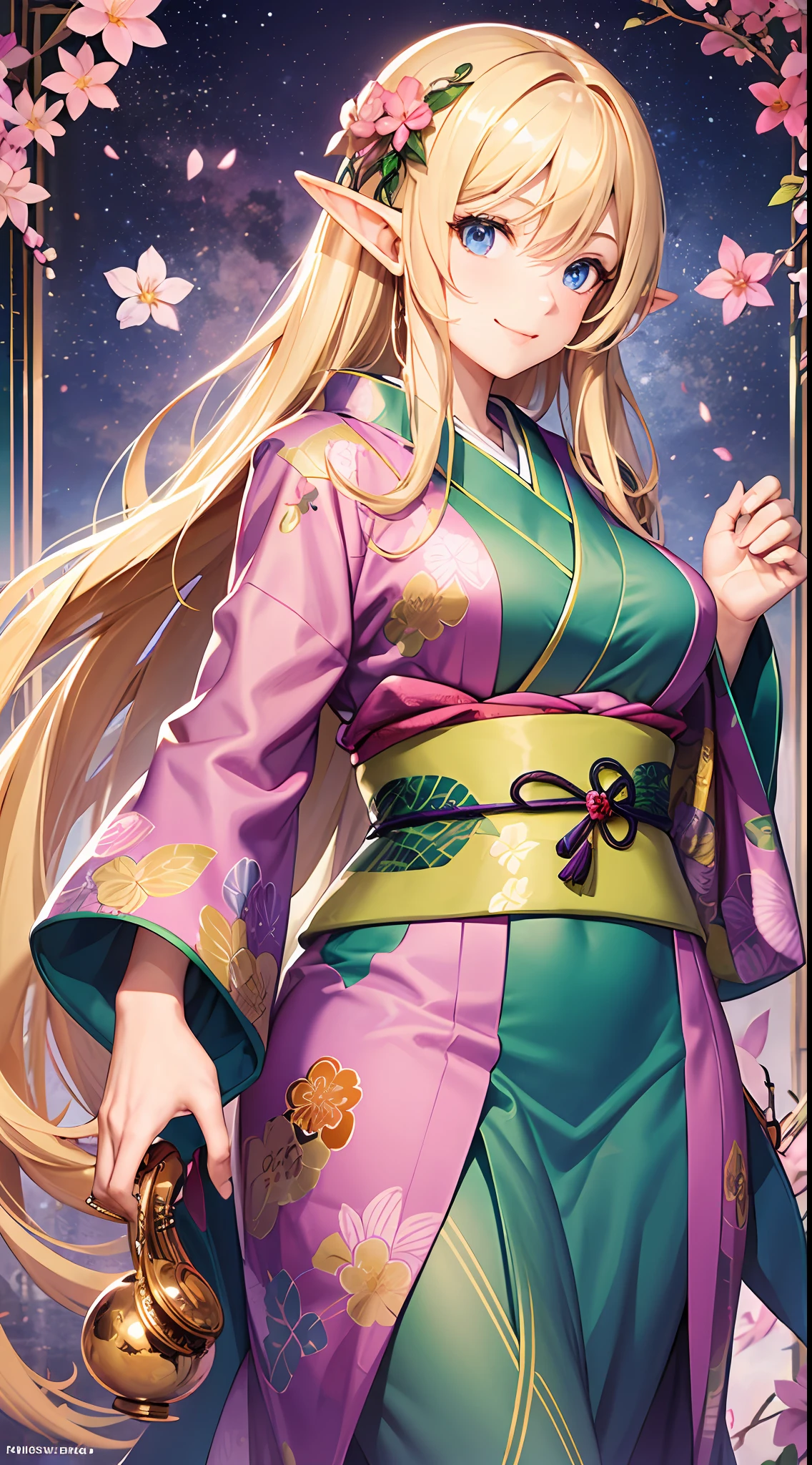 An elf with a large body, long straight yellowish hair, blue eyes, a friendly expression, dressed in a pink kimono