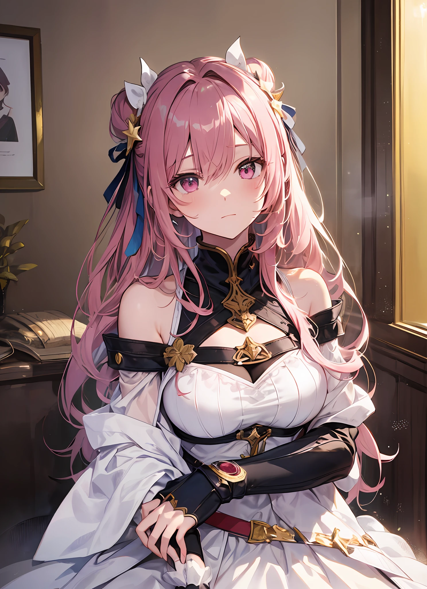 A masterpiece of literary text、maximum quality、Asuna\(stars\)、1女の子、armature、bare shoulder、blushed、breastplate、Pink eyes、Pink Hair、The dress、Luxury swimwear、Lambent Light、slong hair、Watch your audience、Golden Ribbon、ribbons、scabbard、Very long hair white armor、White dress　ponytails　Hairy hair