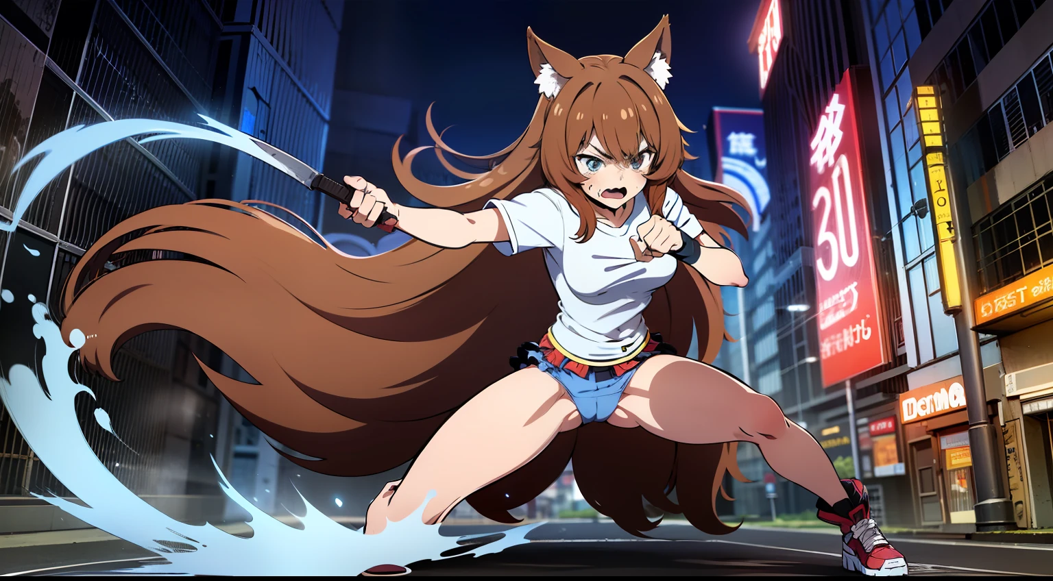 obra maestra, enfocado, Raphtalia, brownhair, ojos rojos, cara enojada, angry, White T-shirt without designs, falda azul oscura, sosteniendo una espada con ambas manos, action pose, pose dramatica, en medio de la calle,