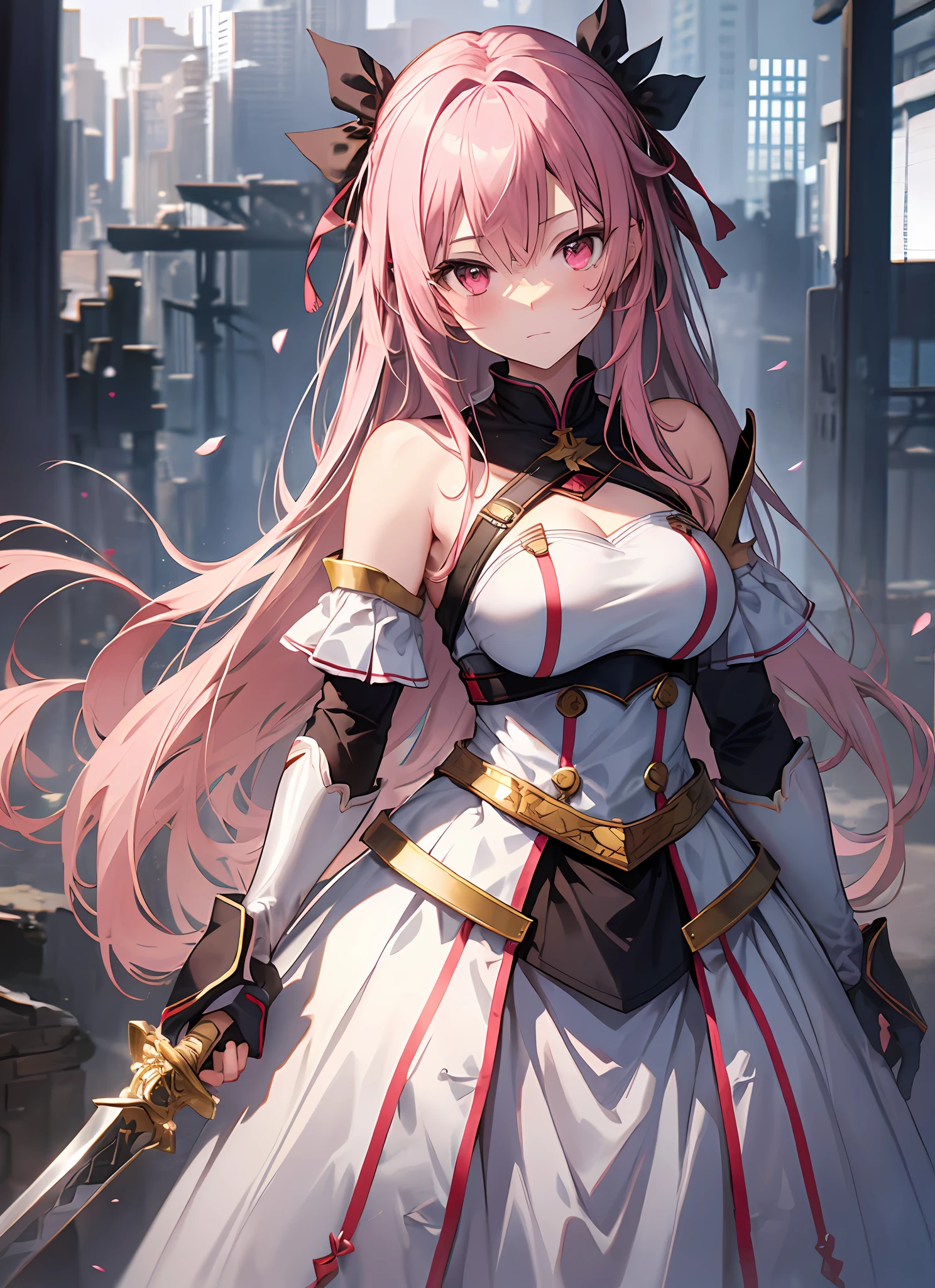 A masterpiece of literary text、maximum quality、Asuna\(sao\)、1女の子、armature、bare shoulder、blushed、breastplate、Pink eyes、Pink hair、The dress、Blood Knight Uniform\(sao\)、Lambent Light、slong hair、Watch your audience、Golden Ribbon、ribbons、scabbard、Very long hair white armor、White dress