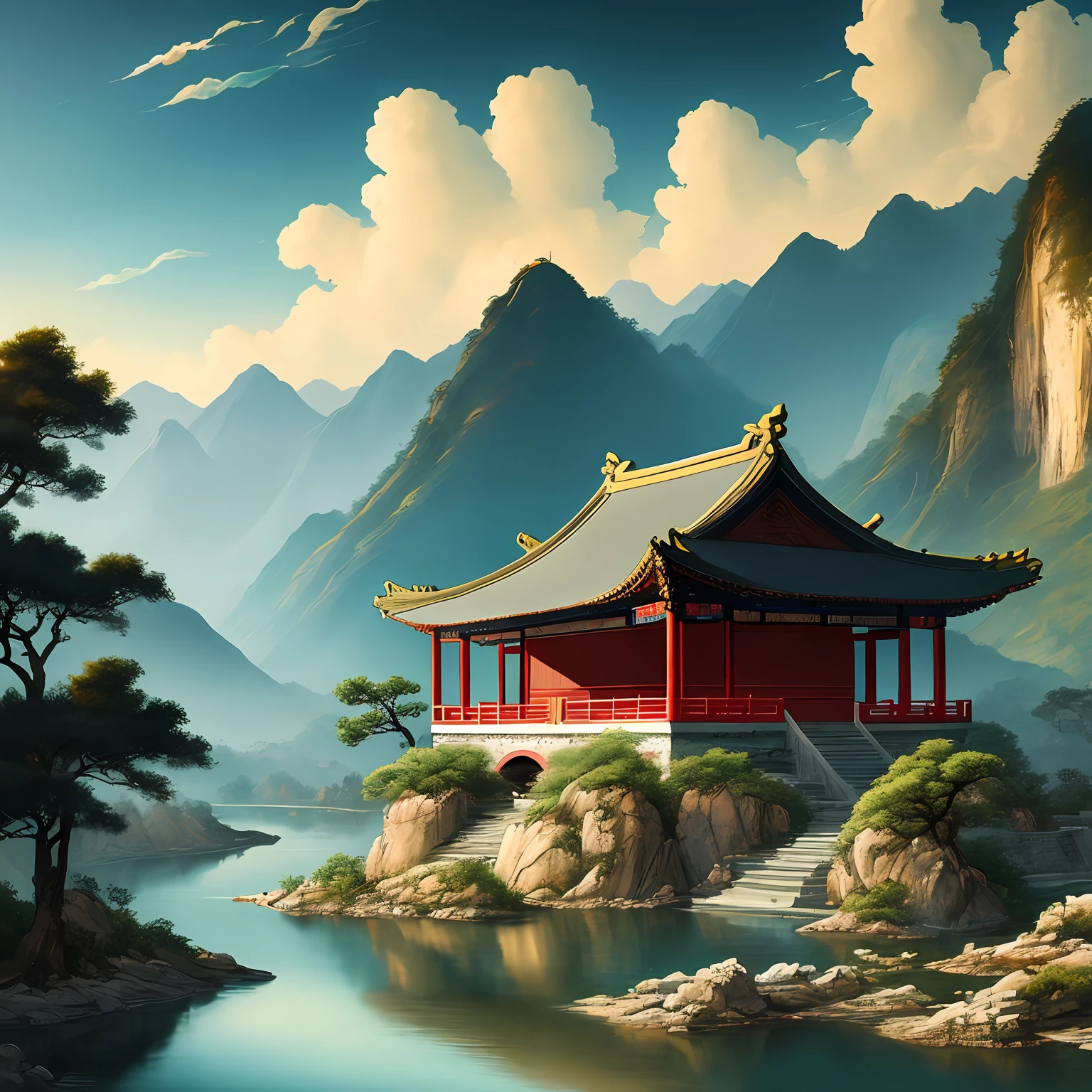 An ancient Chinese painting, ancient Chinese background, mountains, rivers, auspicious clouds, pavilions, sunshine, masterpieces, super detail, epic composition, ultra HD, high quality, extremely detailed, official art, unified 8k wallpaper, Super detail, 32k -- v 6