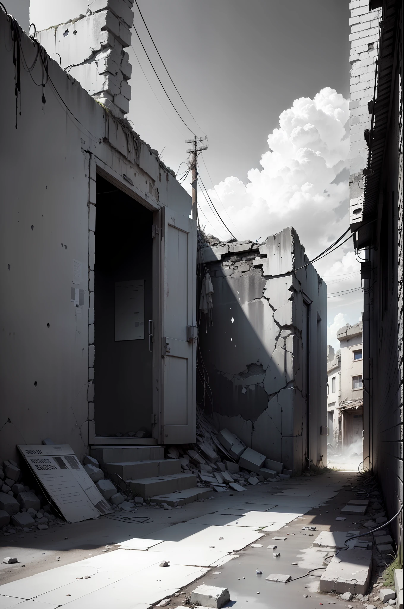 (background ancient ruins), original,(illustration:1.2 black and white),(best quality), (masterpiece:1.2), (8k wallpaper, black and white image, made in HB graphite pencils, (panoramic photo:1.4),(full body:1.05), (splashes),((GRAPHITE)), sharp focus, Old robot, rusty scrap, hanging hoses, wires, rubble, outdoors, stones, ruins, forehead --auto