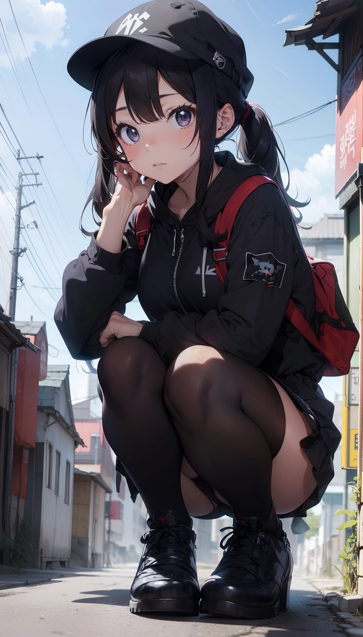 araffe girl in black outfit crouching down with a black hat, 1 7 - - old me goth girl, the anime girl is crouching, wearing japanese techwear, anime girl in real life, ulzzang, anime girl cosplay, trending at cgstation, cruel korean goth girl, wearing modern gothic clothes, with black pigtails, style anime