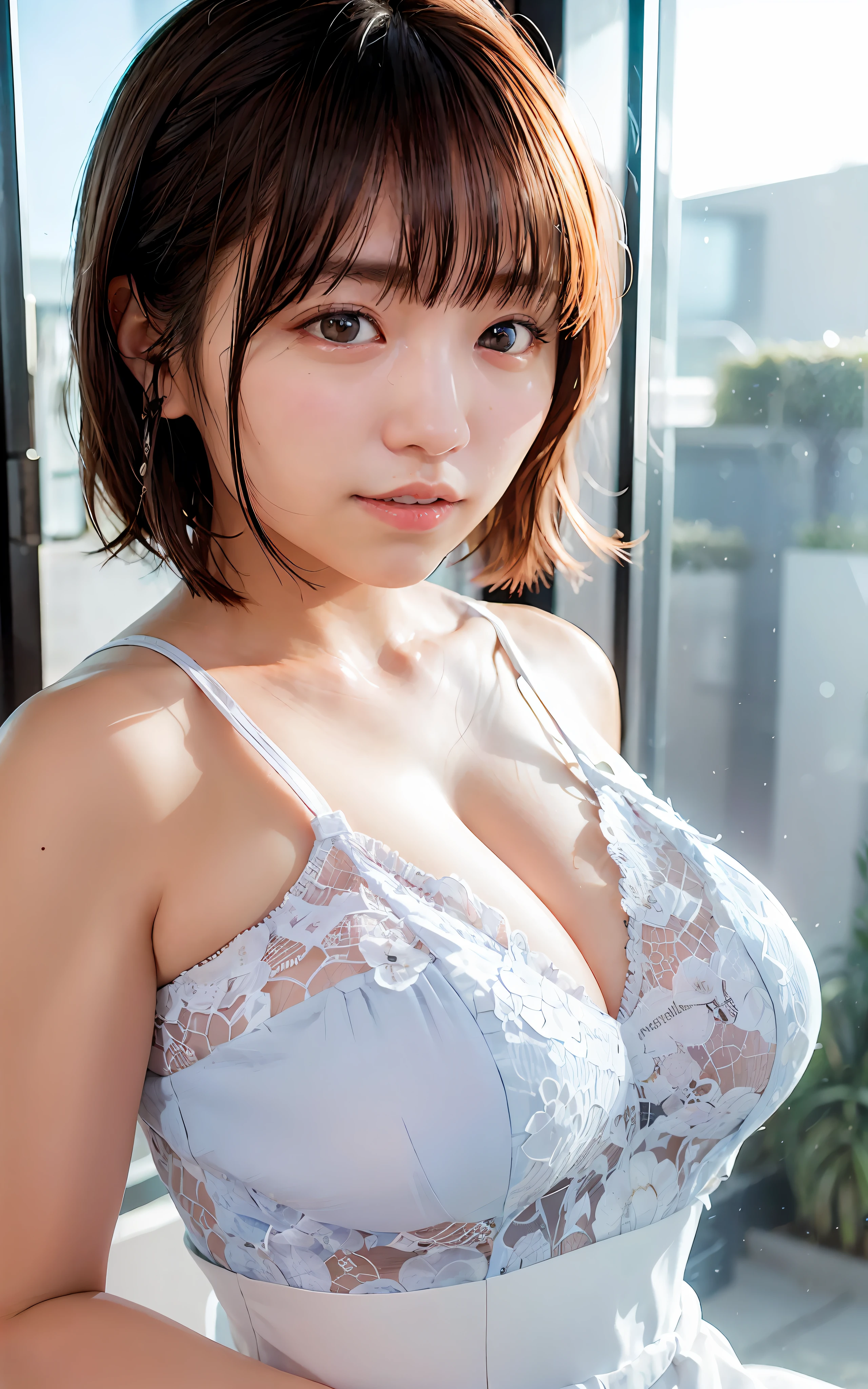 Smiling、profile、Hydrangea on background、The sunset is shining、Bust Up Photos、Meisterwerk, maximum quality, Raw foto, photo-realistic, Face, beautiful girls, a Pretty, ple short hair, Floating hair、Braided hair、 {{massive tits!!}}、Depth-of-field, A high-resolution, Ultra-detail, finelydetail, extremely detailed, Very detailed eyes and face, Sharp pupils, Realistic pupils, sharpening Focus, Cinematic lighting