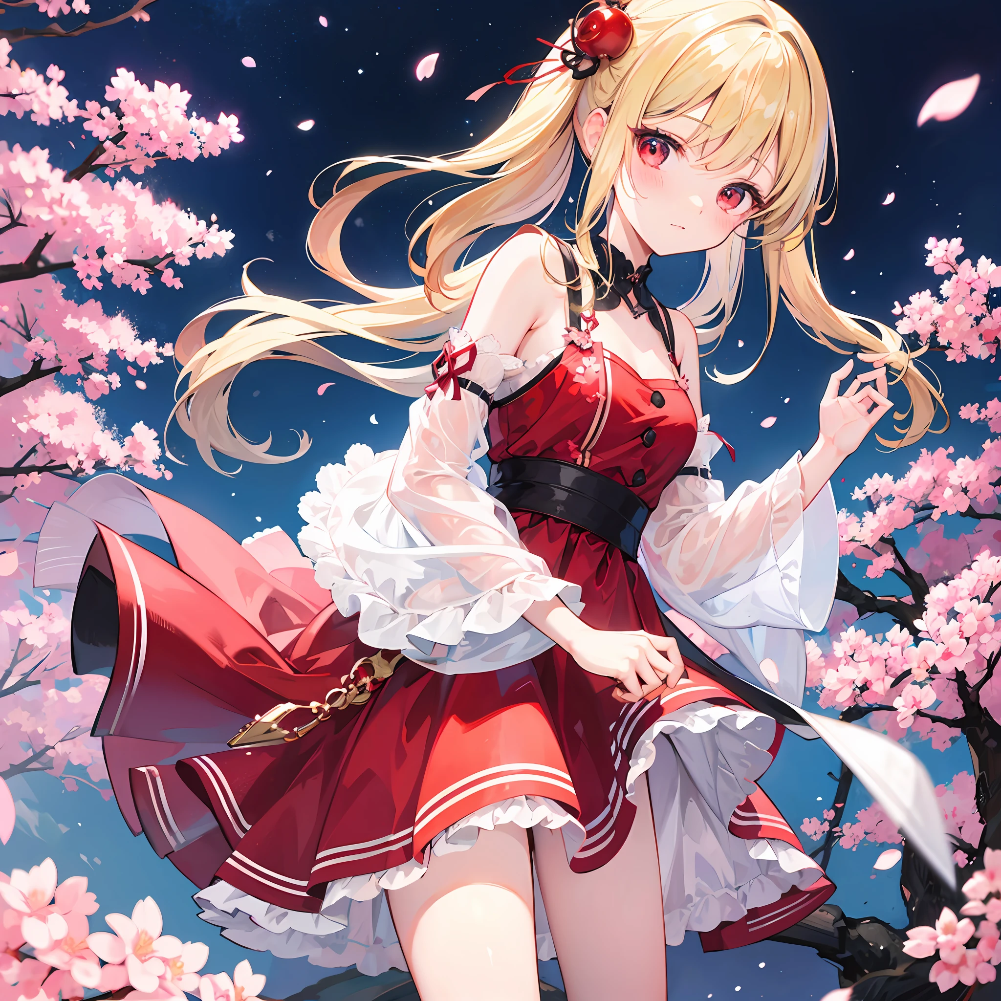 One blonde girl、red-eyed、Red dress、night、cherry blossom