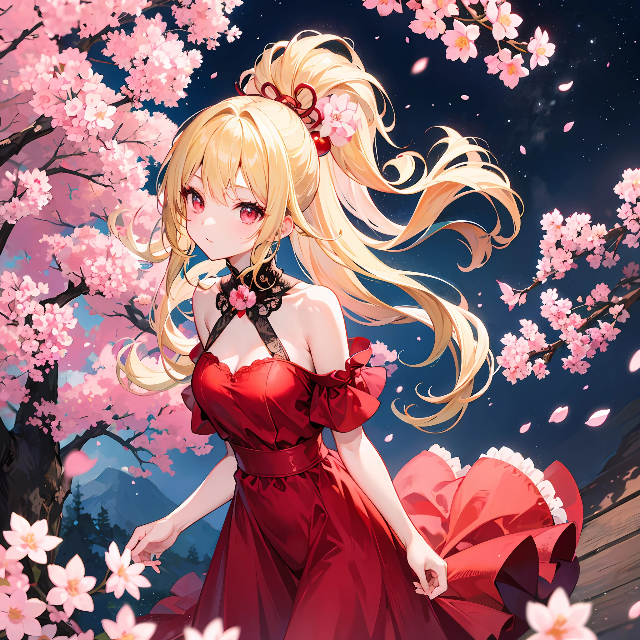 One blonde girl、red-eyed、Red dress、night、cherry blossom