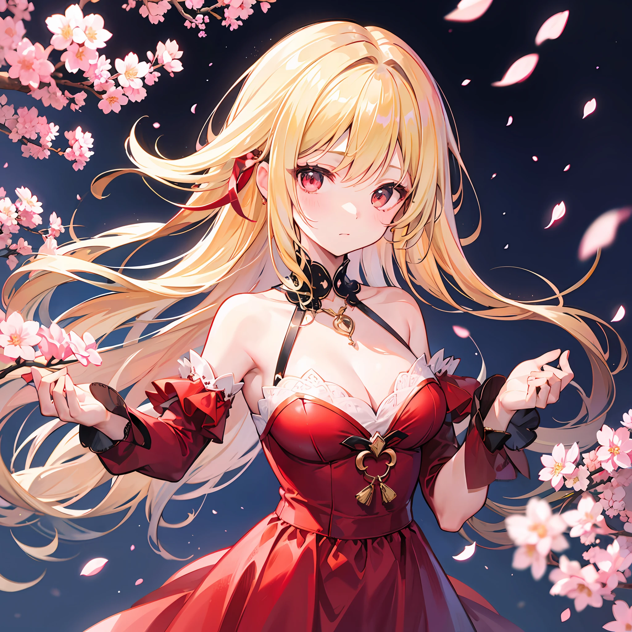 One blonde girl、red-eyed、Red dress、night、cherry blossom