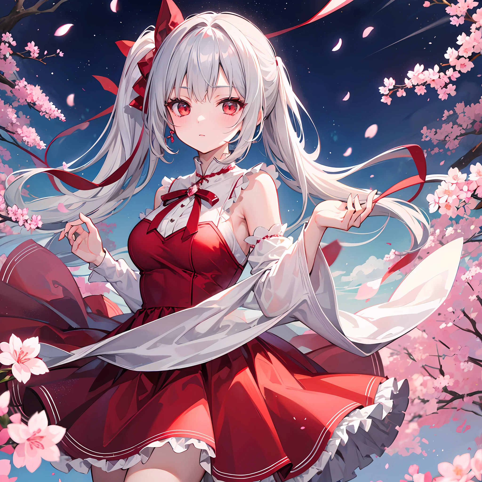 One girl with gray hair、ponytails、Red ribbon、red-eyed、Red dress、night、cherry blossom
