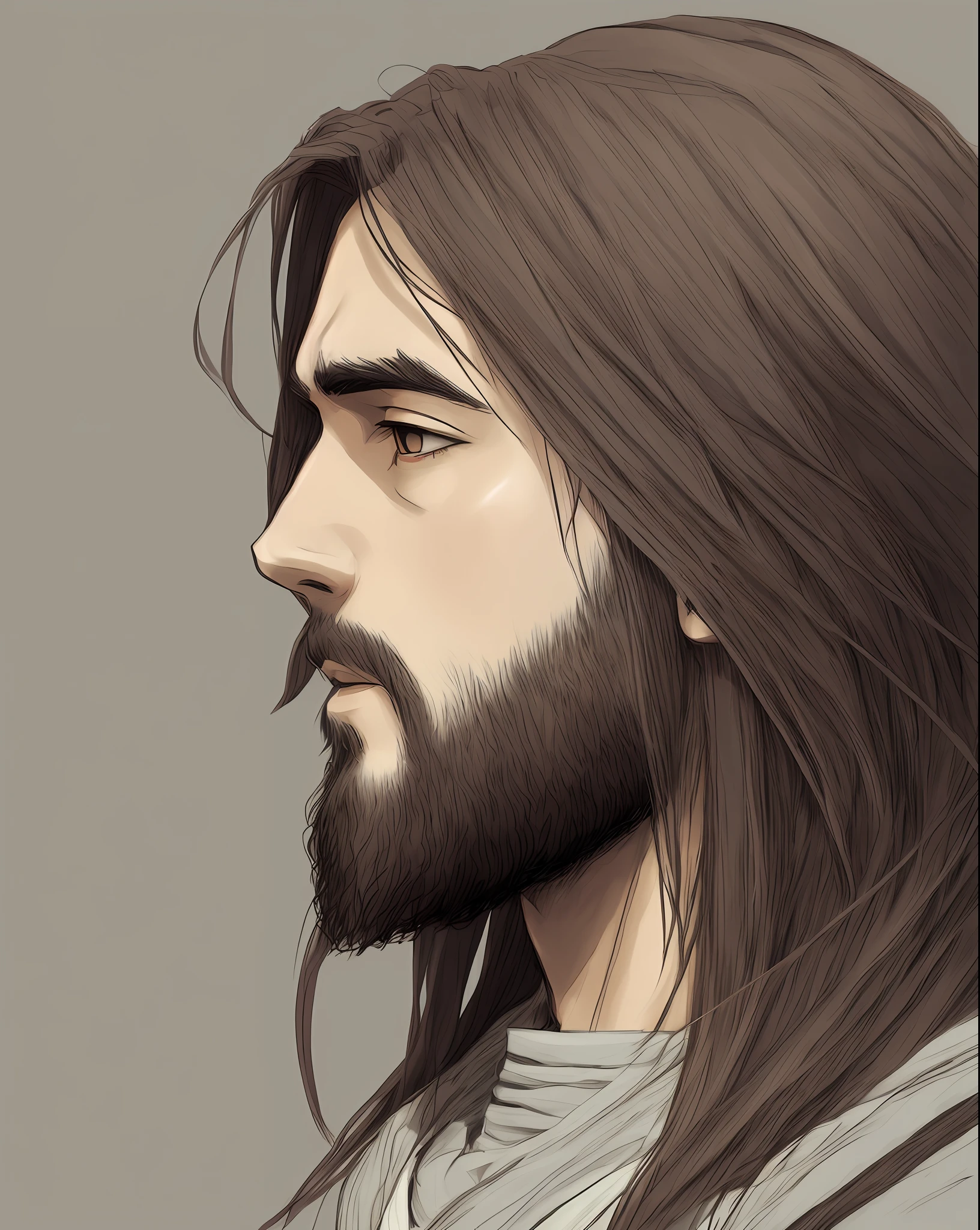um desenho de um homem com barba e turbante, rosto de jesus, Side view e Close Up de Jesus Cristo como um rei usando uma roupa branca futurista e celestia com pedras de safira, Jesus na arte demon slayer, Fanart, concept art, anime art, Estilo Studio Ufotable retrato perfil de persoangem, Jesus