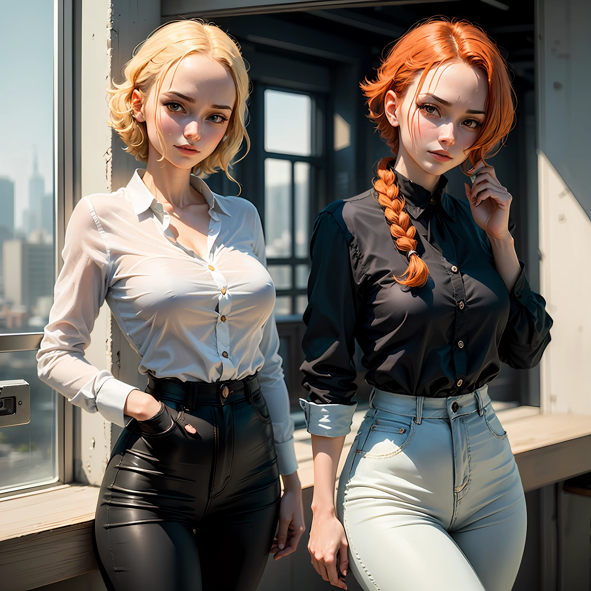 Namionepice_offset:1.3>, detailed shiny skin, (realistic, photo-realistic:1.4), a pretty girl, standing, looking out of window, white shirt, collared shirt, black necktie, black trousers, long sleeves, slight smile (nose blush), yellow eyes + ringed eyes, short hair + orange hair + long braided hair, nami \(one piece\) --auto