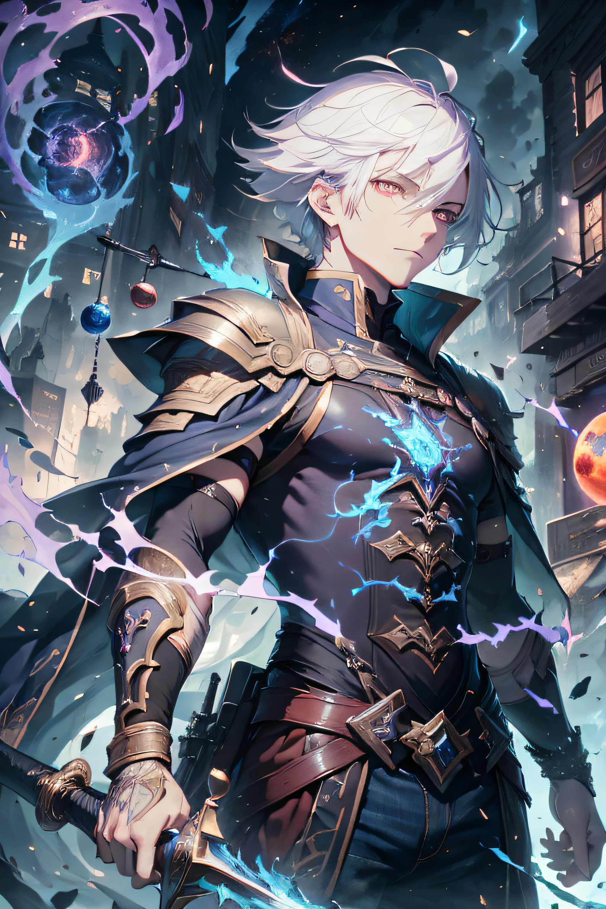 (absurdities,A high-resolution,hyper detailed),A Masterpiece,bestbestquality,A man dressed in black wields a duel sword,With a big sword,A sword surrounded by blue flames,official character art,Very short hair,White hair,Bright red eyes,finely eye,Detailed face,detailed hair,A city in ruins,Dark background,fullbody view,sparks,whirlpool,celestial bodies,From below,Look down, Denim Lens,Chinese Taoism,exquisite facial features,Lightning bolt in the background,Long orange hair,Red eyes