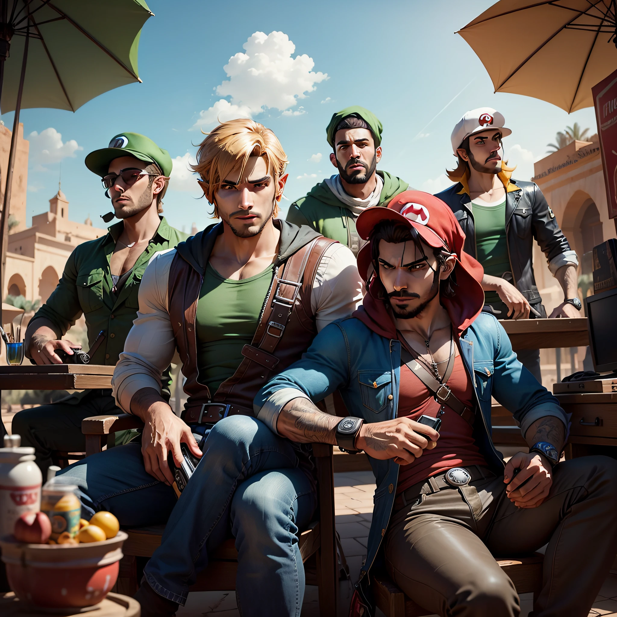 4 Moroccan men dressed as Link and Super Mario, play on a console in Marrakech, couleurs riches , Ambiance GTA, no weapons, Rendu octane , complex details , 8k --auto