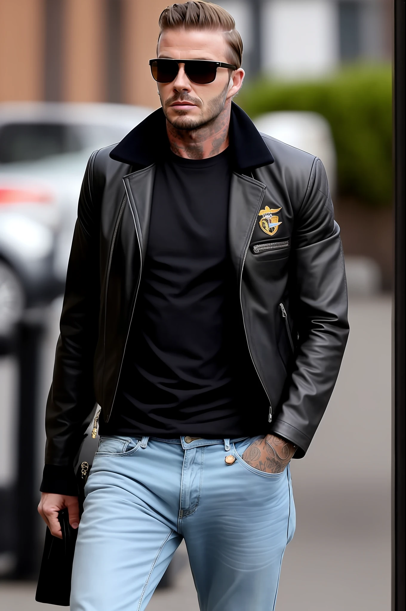 uma foto do David Beckham, ( solo ), Wearing sunglasses, leather jacket and jeans , pele realista