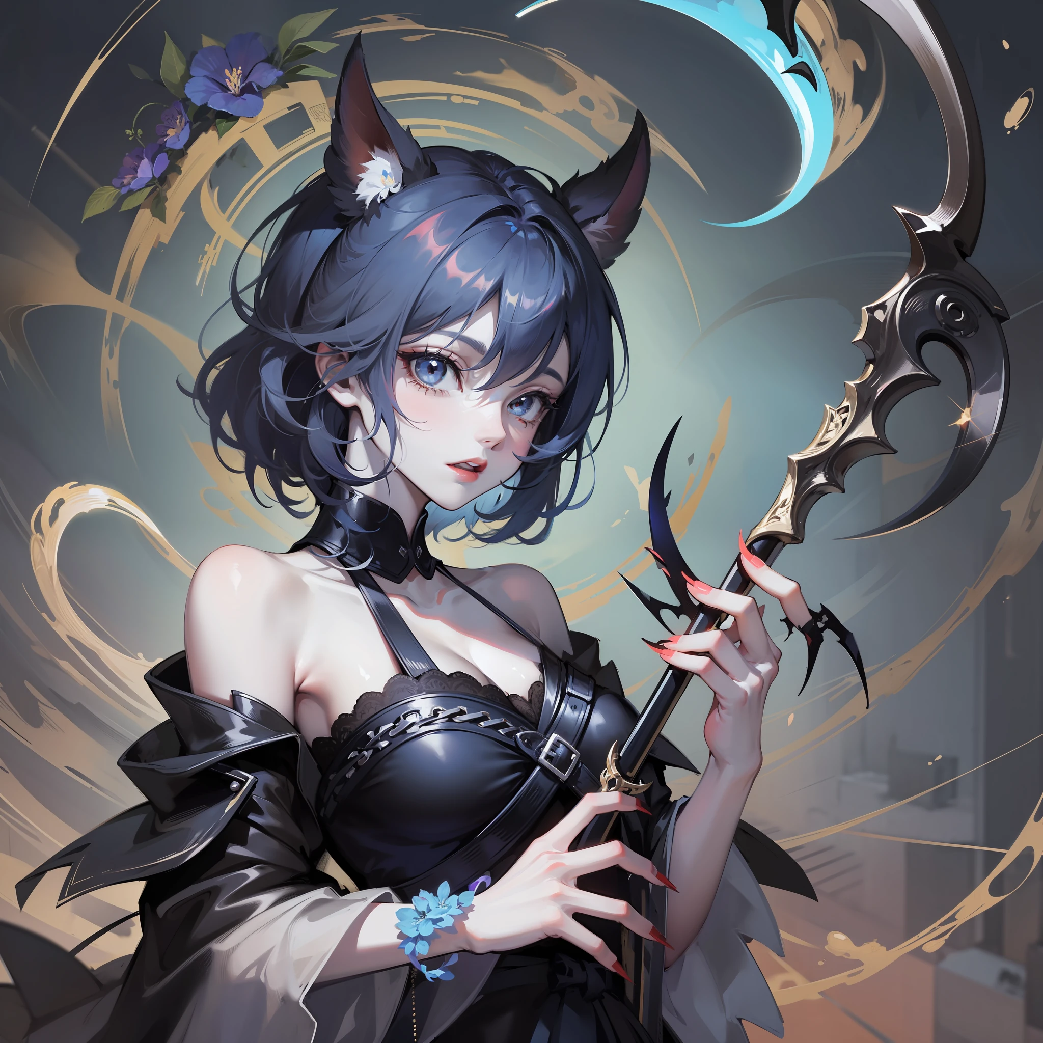 Female, short dark blue hair, sickly appearance, black outfit with pale blue flowers, with scythe in her hands, goddess of death, black hands with claws
