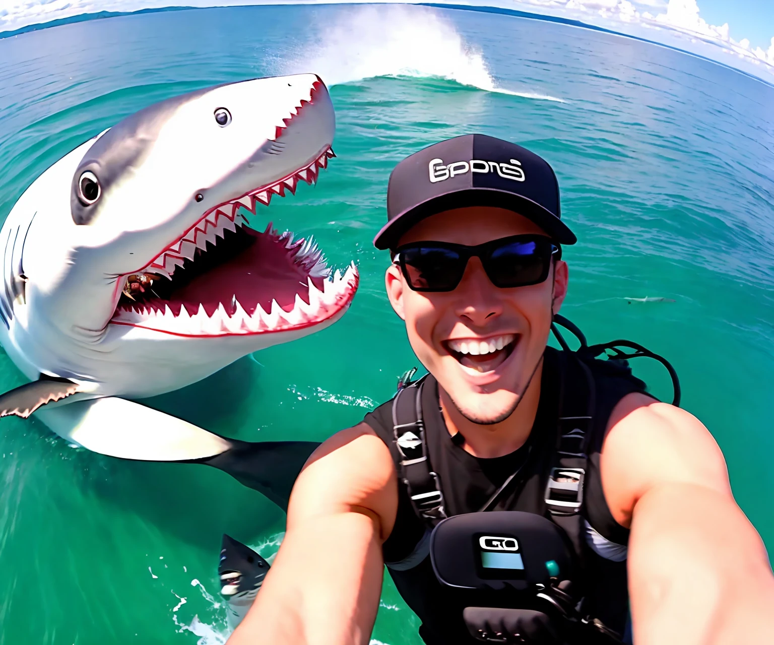 A hyper - realistic GoPro selfie of a smiling glamorous Influencer with an attacking shark. Extreme environment. --ar 3:2
