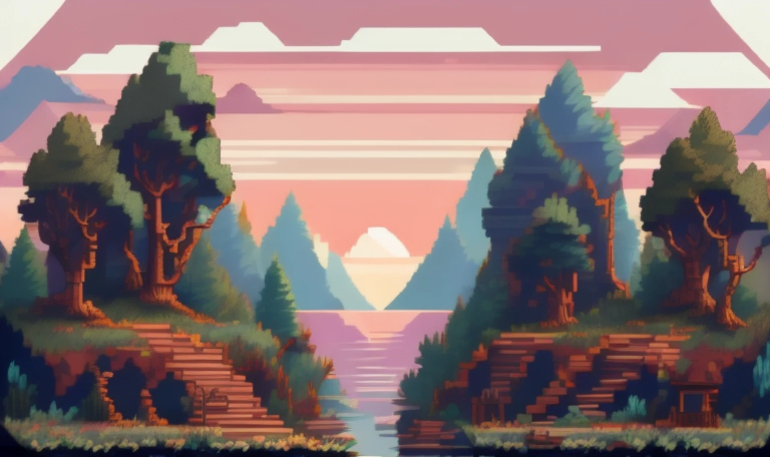 pixelart stylized environment forest city russian large city sunset at night , with people walking around, fine details, award winning image, highly detailed, 16k, cinematic perspective, ((video game environment concept art style)), pretty colors, asymmetrical camera composition, cinematic environment, cinematic movie atmosphere