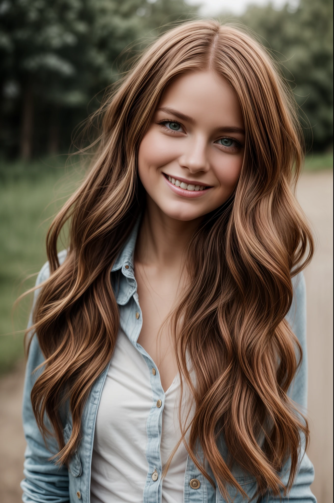 Photographic portrait of an Irish girl, curled flowing red hair, her face is thoughtful and smiley, looks into the camera, photography, symmetrical face, symmetrical eyes, soft focus, highly detailed, natural lighting, path tracing, specular lighting, path traced hair, shadow mapping, glossiness map, photography by Leah robinson ,using a hassleblad medium format digital camera 1000mps