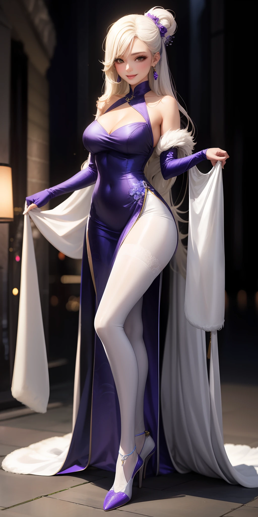 realisti、1 adult female。Purple china clothes、White pantyhose、Enchanted smile、Long platinum blonde hair up to the waist。long white shaggy、Fur shawls。high heels、long legs。elongated face、lipgloss、Double eyelidd、long curled lashes、Wearing makeup。Wearing earrings。Wearing a kanzashi。Wearing satin gloves。