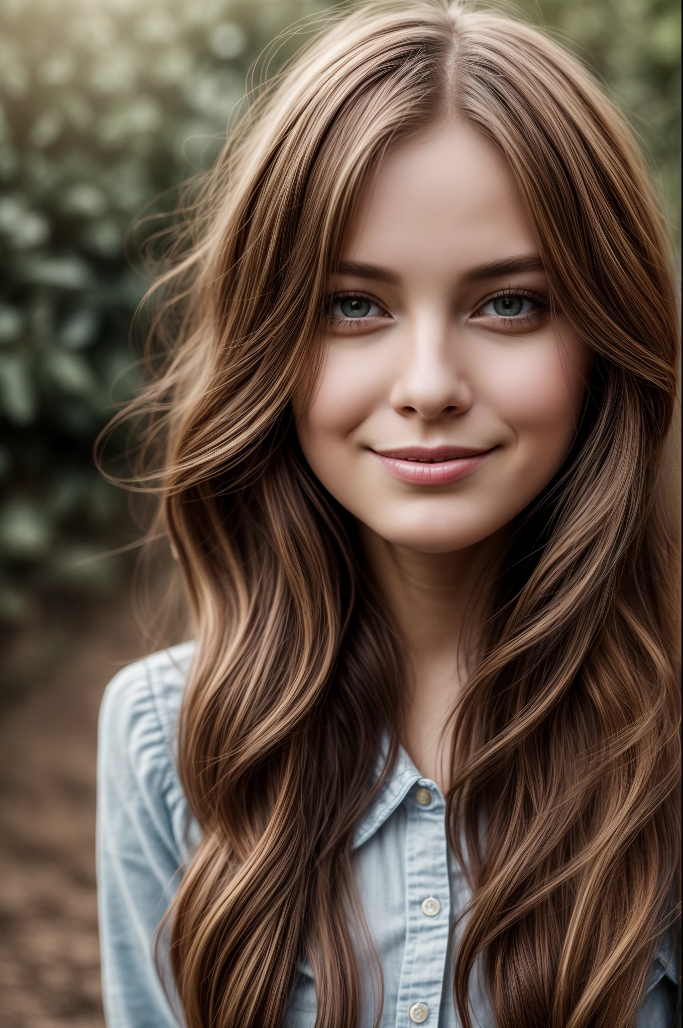 Photographic portrait of an Irish girl, curled flowing red hair, her face is thoughtful and smiley, looks into the camera, photography,  symmetrical face, symmetrical eyes, soft focus, highly detailed, natural lighting, path tracing, specular lighting, path traced hair, shadow mapping, glossiness map,  photography by  Leah robinson ,using a hassleblad medium format digital camera 1000mps