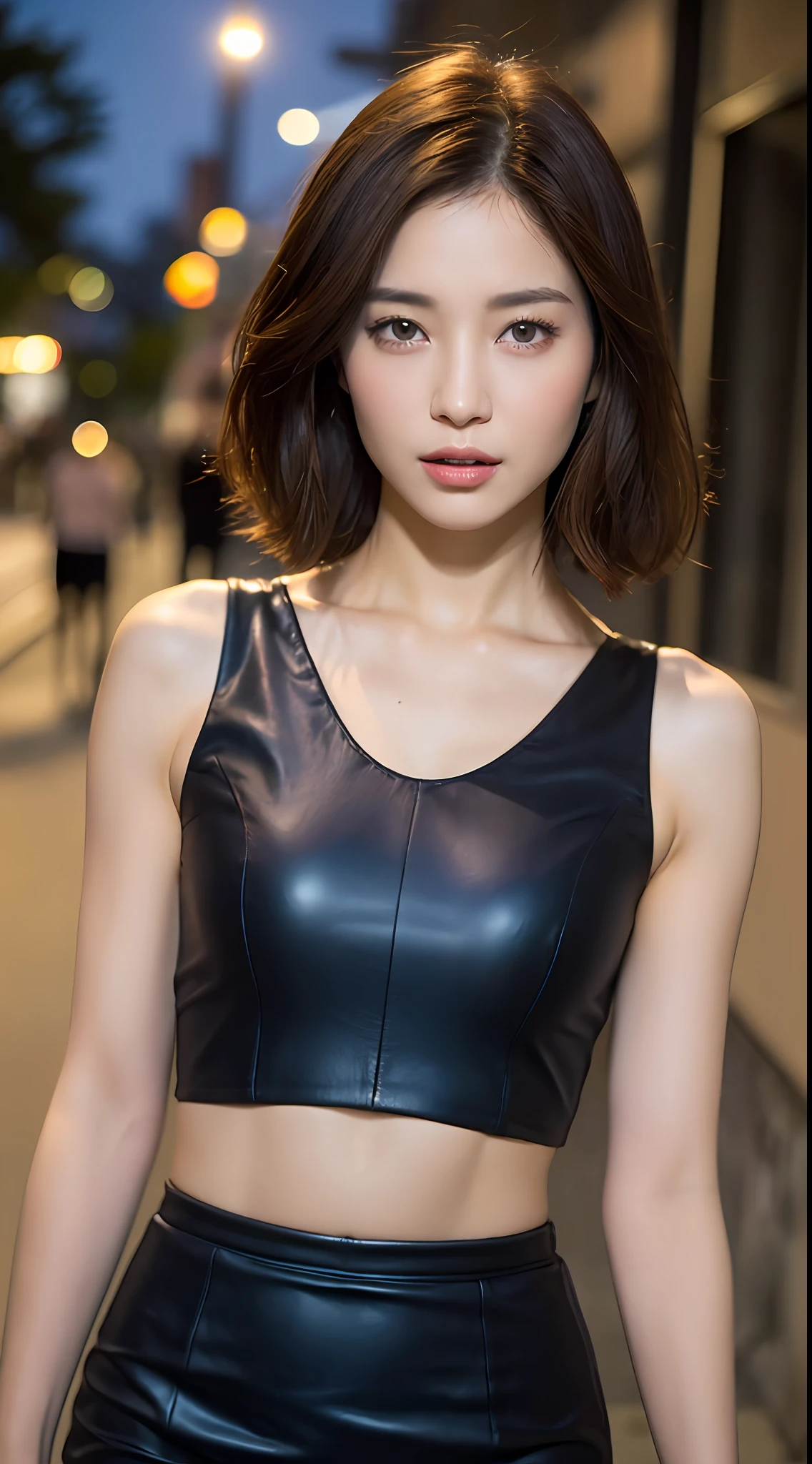 ((Realistic lighting, Best quality, 8K, Masterpiece: 1.3)), Focus: 1.2, 1girl, Perfect Body Beauty: 1.4, Slim Abs: 1.1, ((Dark Brown Hair)), (Aqua Dress: 1.4), (Outdoor, Night: 1.1), City Street, Super Fine Face, Fine Eyes, Double Eyelids,