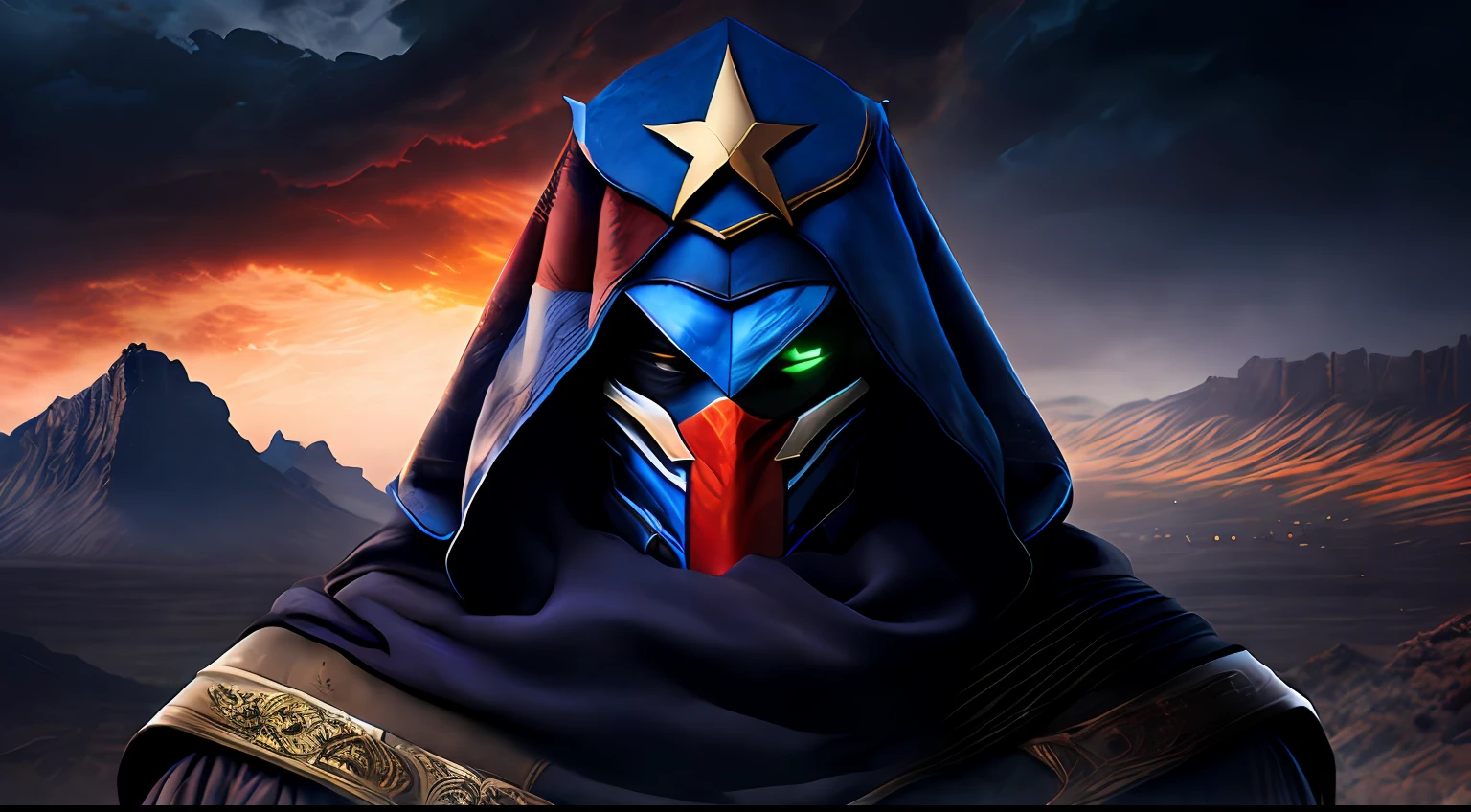 A high resolution image (8K UHD) shows a dark and powerful super villain, whose colors and visual elements in his appearance represent the flag of Israel. The setting is set in Israel's striking and distinctive landscapes that provide a realistic and immersive backdrop to the villain's nefarious actions. The image captures the essence of the nation of Israel, while highlighting its immense power and menacing nature.