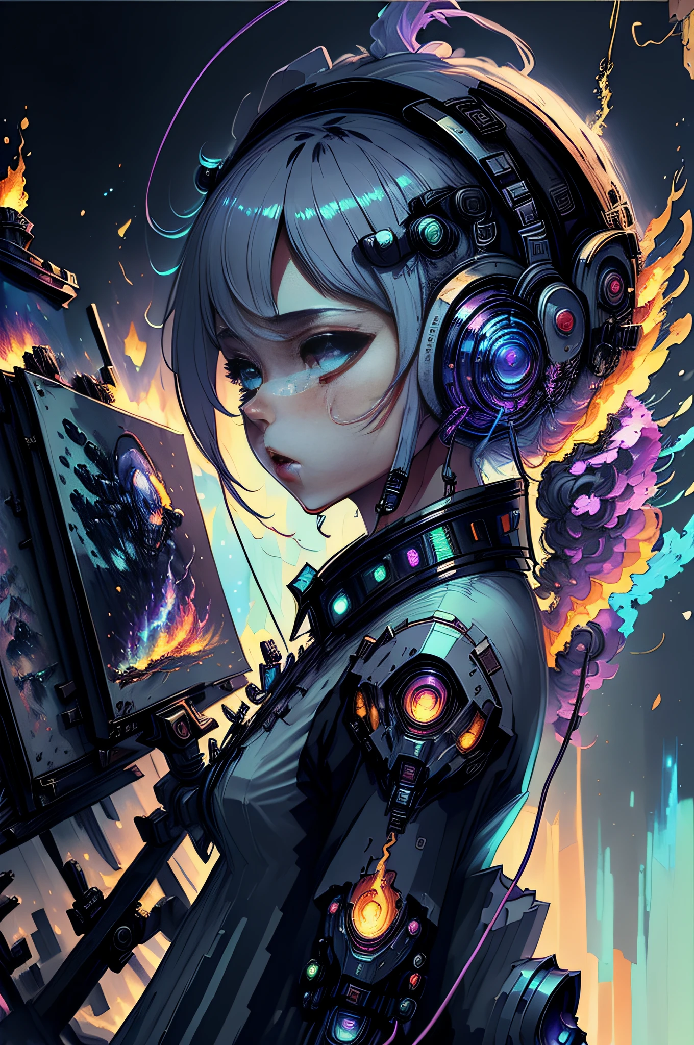 (masterpiece, best quality, highres, absurdres, detailed:1.2), humanoid, robot, wearing headphones, looking away, (cyberpunk, art canvas, paint brush, easel, iridescent, holographic: 1.6), (cables, wires, flames, fire, smoke, overheat, explosion, indoors, room, simple background)