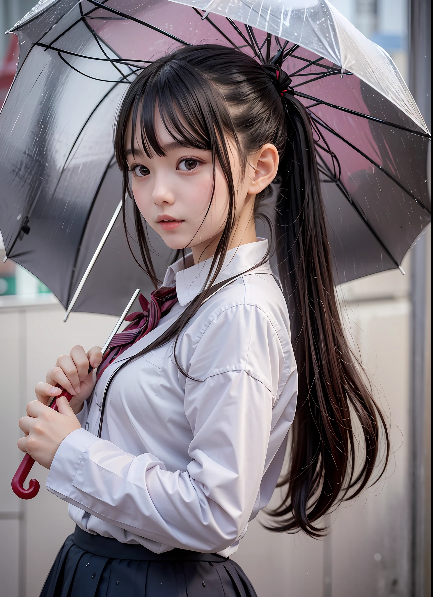 1 girl、Meisterwerk、maximum quality、Realstic、ponytails、17yo、((Japan schoolgirl uniform))、beautiful eye、extremely detailed、Wet rain、Holding a red umbrella、Ikebukuro