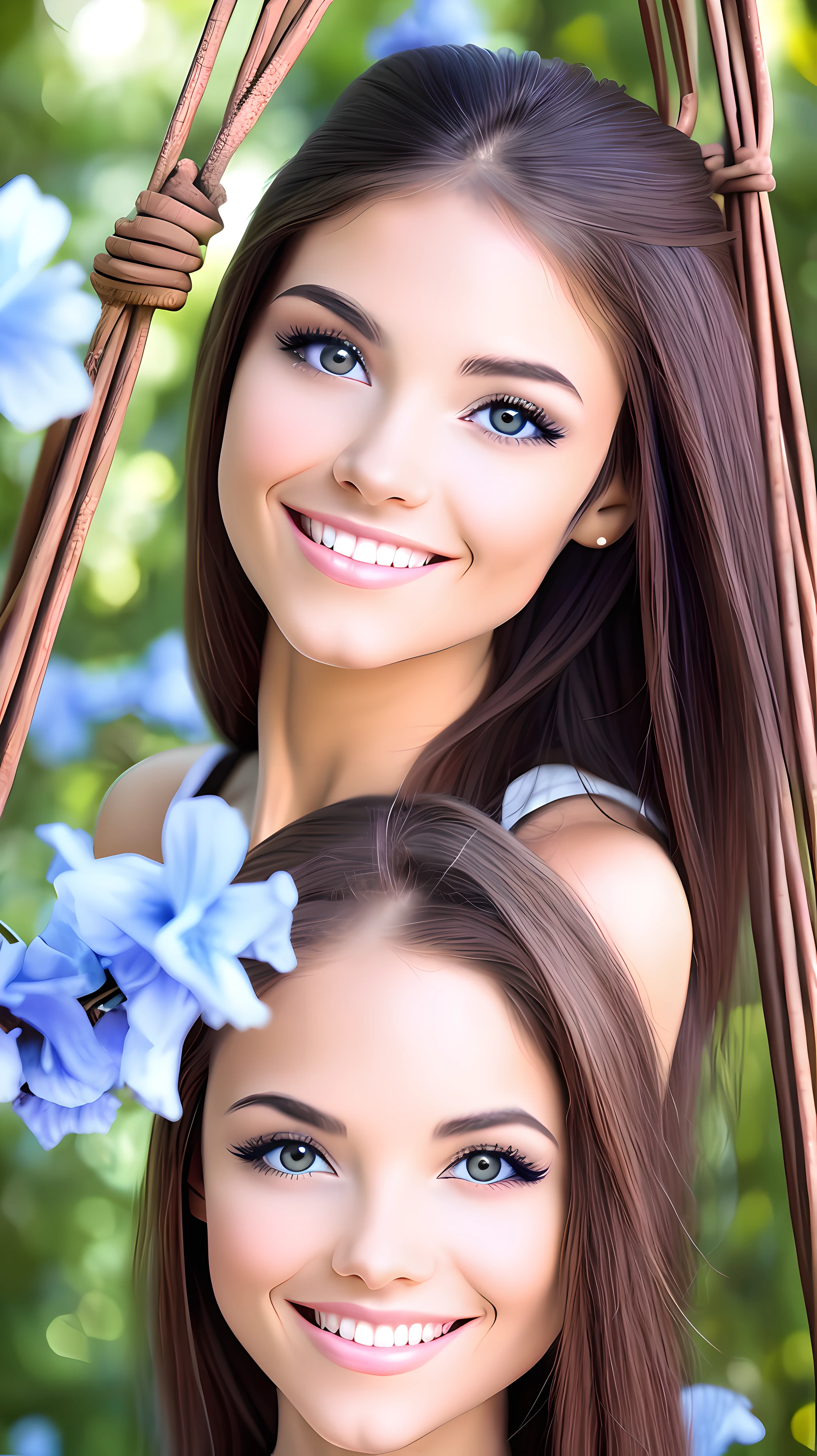 Uma garota morena de cabelo curto (castanho escuro franja azul e pontas azuis) Eyes pulled and brown sitting on a swing with flowers