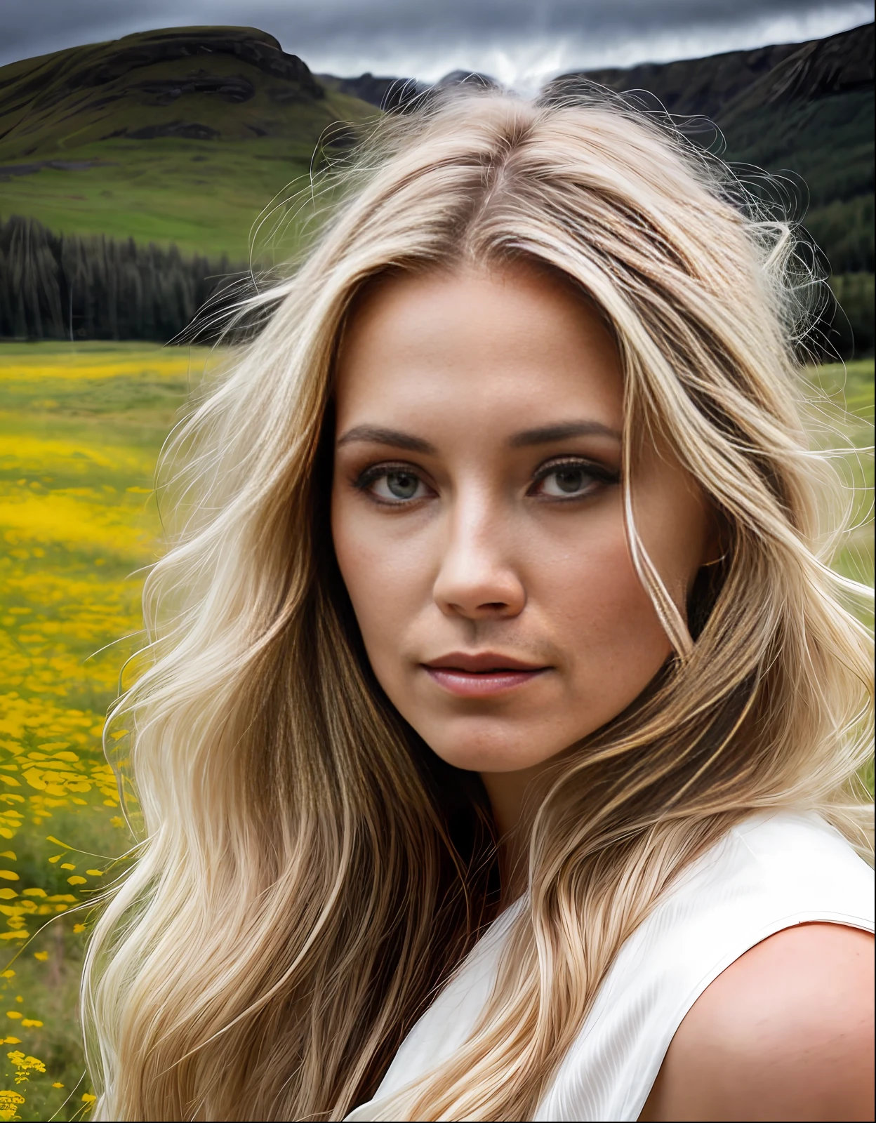 Immerse yourself in the colourful world of detail , wildflower meadow, stormy, windy, rain, Northern (norse, scandinavian) women age 30, diverse look. Looking directly into the camera, very long wavy blonde hair, blue eyes, , long off-white dress, Close up portrait Northern (norse, scandinavian) women age 30, diverse look. Looking directly into the camera, very long wavy blonde hair, aquamarine eyes, , long off-white dress, landscape photography by marc adamus, Long exposure photography dramatic lighting, spring , Photographed by David bailey using Hasselblad’s flagship mirrorless medium format camera X2D 100C. 1000mps ,bold vibrant colours