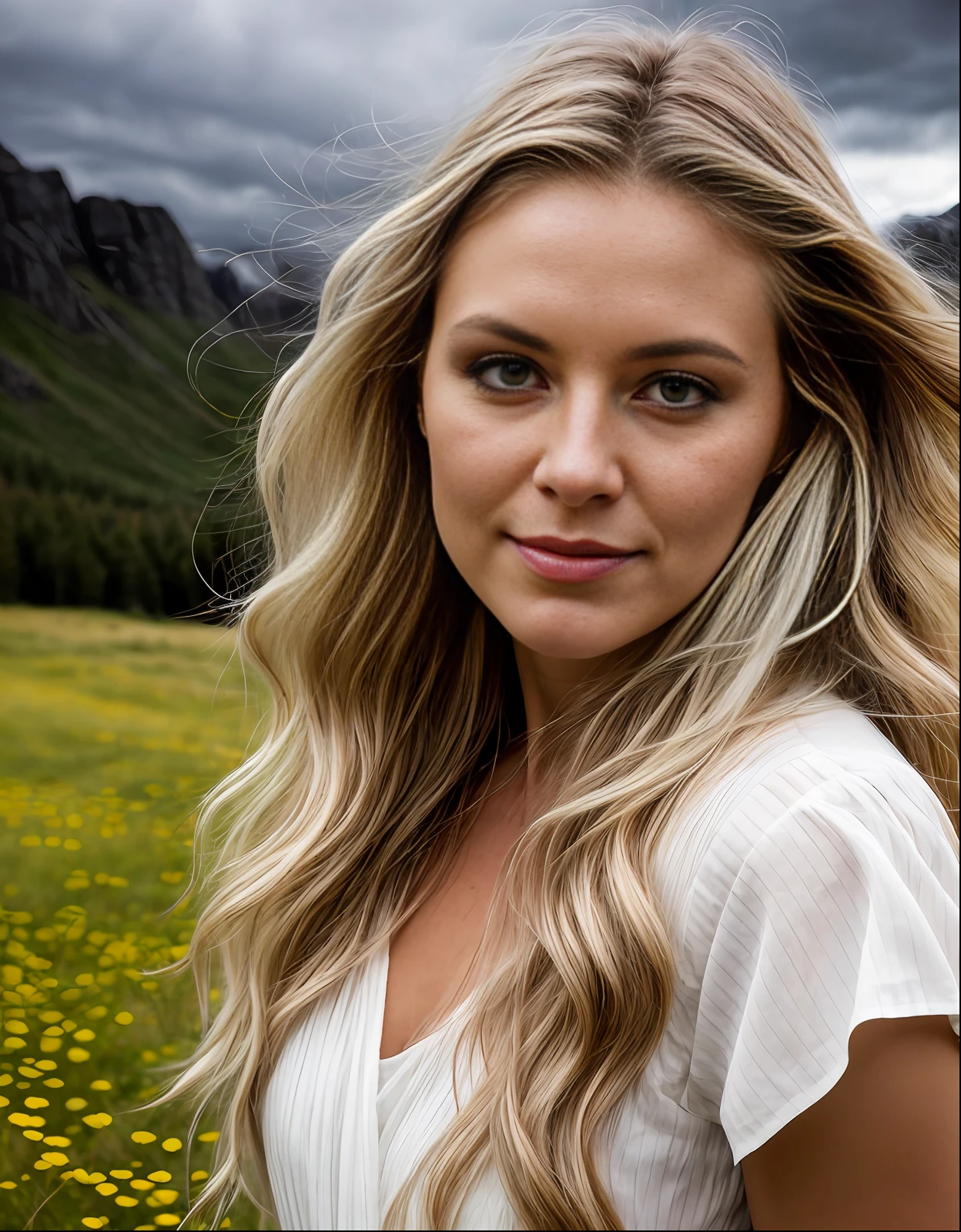 Immerse yourself in the colourful world of detail , wildflower meadow, stormy, windy, rain, Northern (norse, scandinavian) women age 30, diverse look. Looking directly into the camera, very long wavy blonde hair, blue eyes, , long off-white dress, Close up portrait Northern (norse, scandinavian) women age 30, diverse look. Looking directly into the camera, very long wavy blonde hair, aquamarine eyes, , long off-white dress, landscape photography by marc adamus, Long exposure photography dramatic lighting, spring , Photographed by David bailey using Hasselblad’s flagship mirrorless medium format camera X2D 100C. 1000mps ,bold vibrant colours