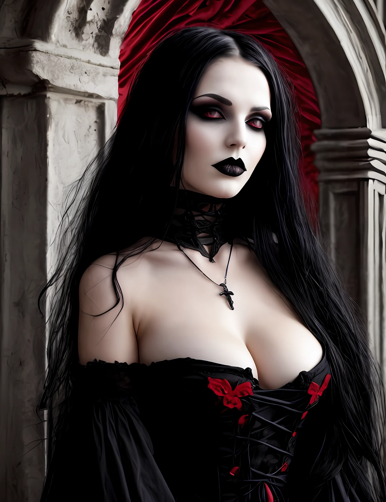 arafed woman in a gothic dress with a gothic make up, beautiful vampire queen, beautiful vampire female queen, gothic maiden, goth woman, beautiful female vampire, very beautiful goth top model, gothic girl, dark goth queen, gothic, pale goth beauty, gothic maiden of the dark, dark vampire, gothic art, vampire queen, portrait of beautiful vampire