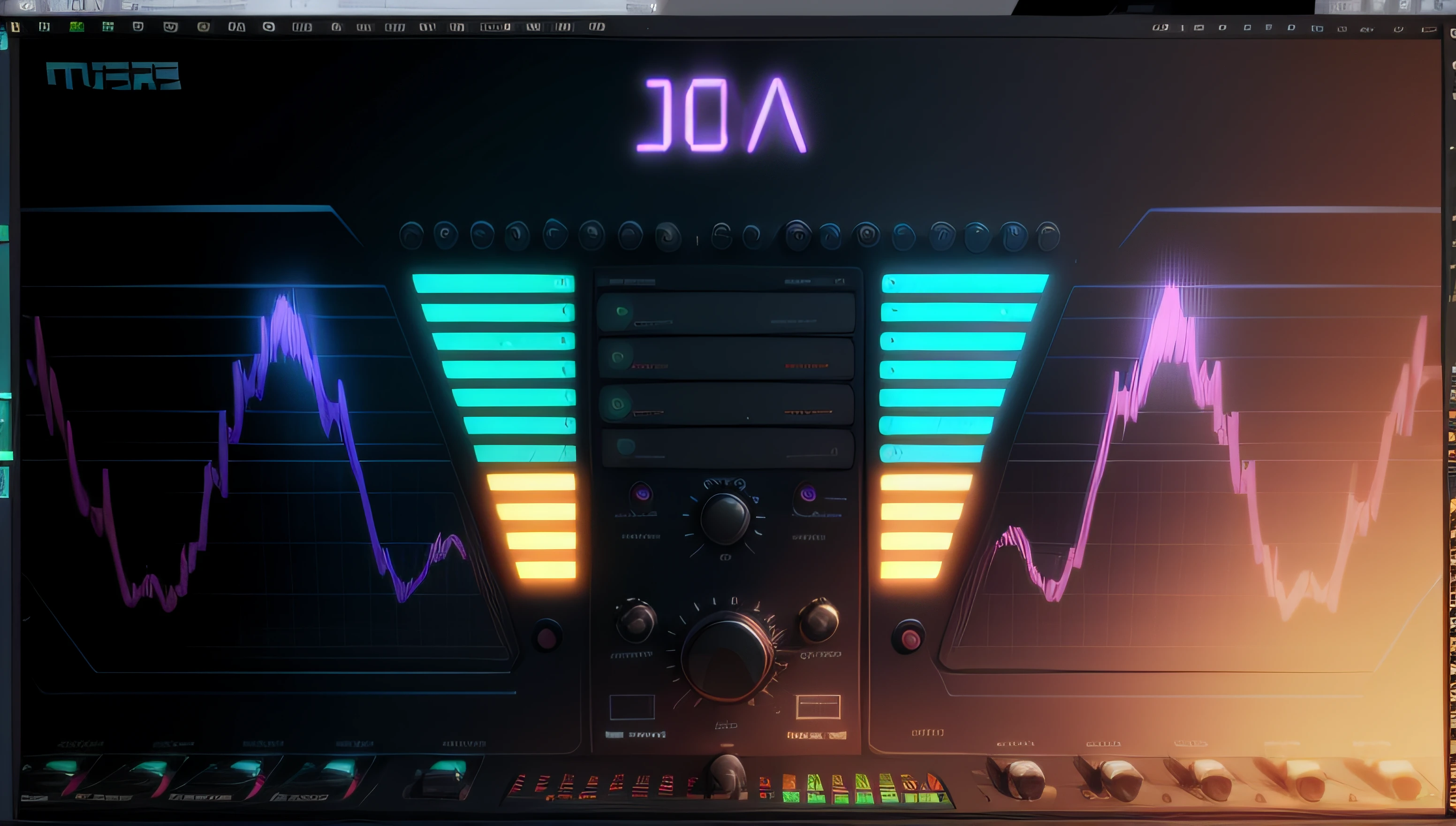 front view, front shot, front image, centralized vintage synth , wood neon octane reender, front view, plane screen, vintage, vintage colors, vintage black , vintage wood , commputer, cyber synth, a software with modern buttons buttons , buttons::3.3, modern design software, glassmorphism user interface, UI, UX, lines, buttons, knobs, parametheres, glassmorphism screen of an audio software, The software converts audio into data. audio signals. waveform signals. Audio being converted into data, this data is used to train a machine learning model::2.5 electronic circuit::2.5 --v 4 pink purple, waveform, sound waves, machine analyzing audio waves pink purple neon blue::3.3 --v 5 sythwave engine ttech hardware software ui ux glassmorphism:: 1.1 --auto