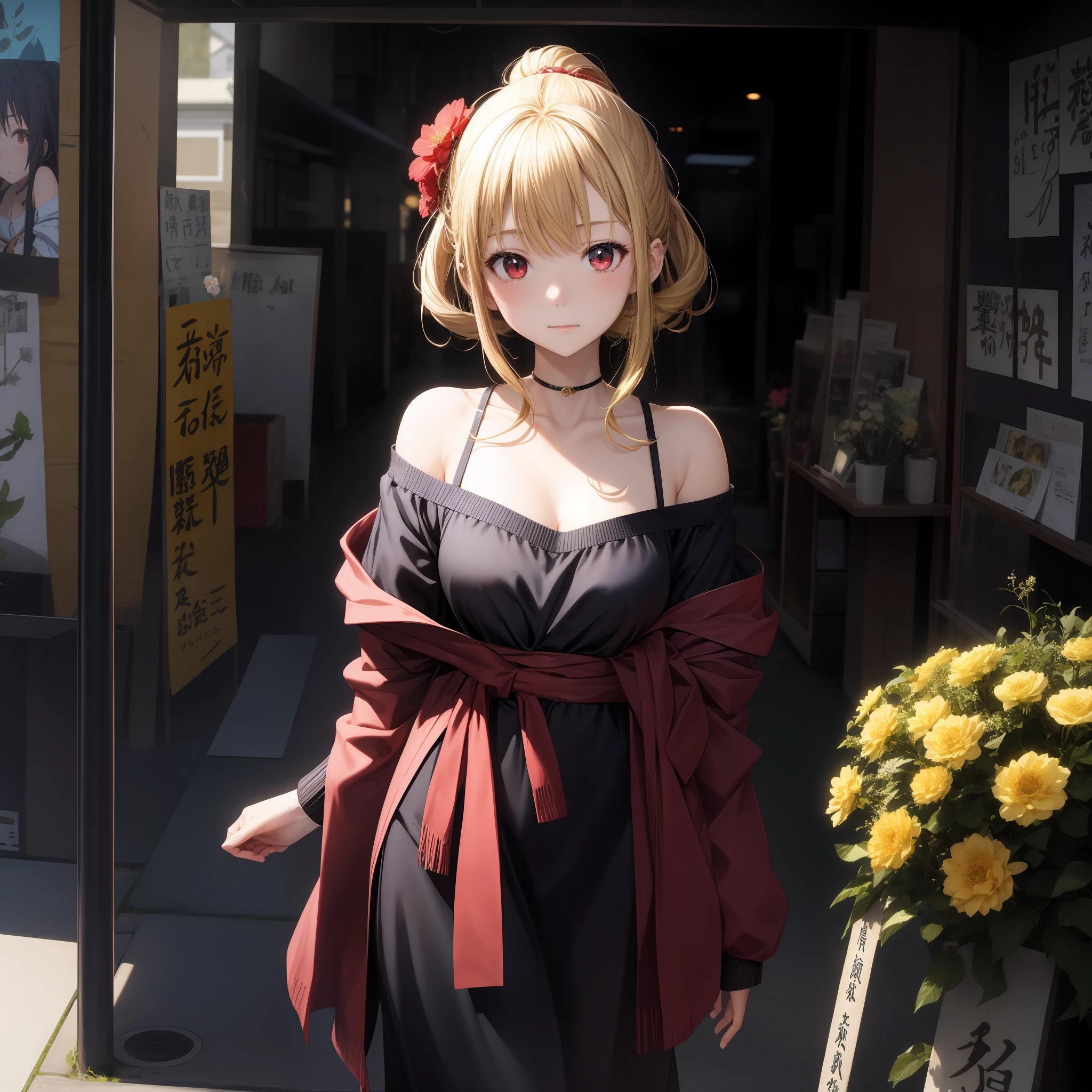the anime、1女の子、solo、Blonde girl with red eyes、off-the-shoulder、kyoto、Flower Kui