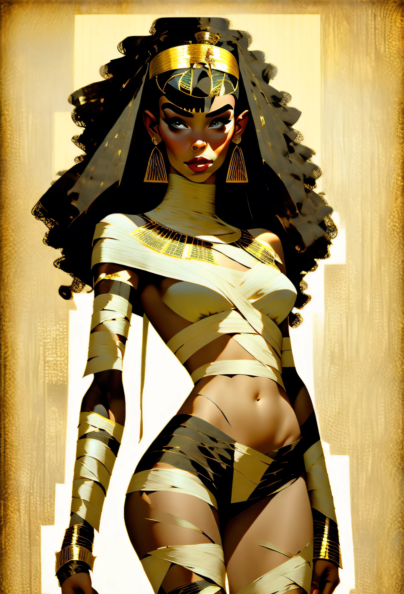 Female mummy, gorgeous face, full body, Cleopatra, all bandaged in black, ((bandaged )), ((bandaged arms)), bare belly, navel, bandaged thighs, tiny black thong, torn and tiny thong, Egyptian scratch on head, black hair with short bangs on forehead, Bettie Page, ancient Egypt, in a harem