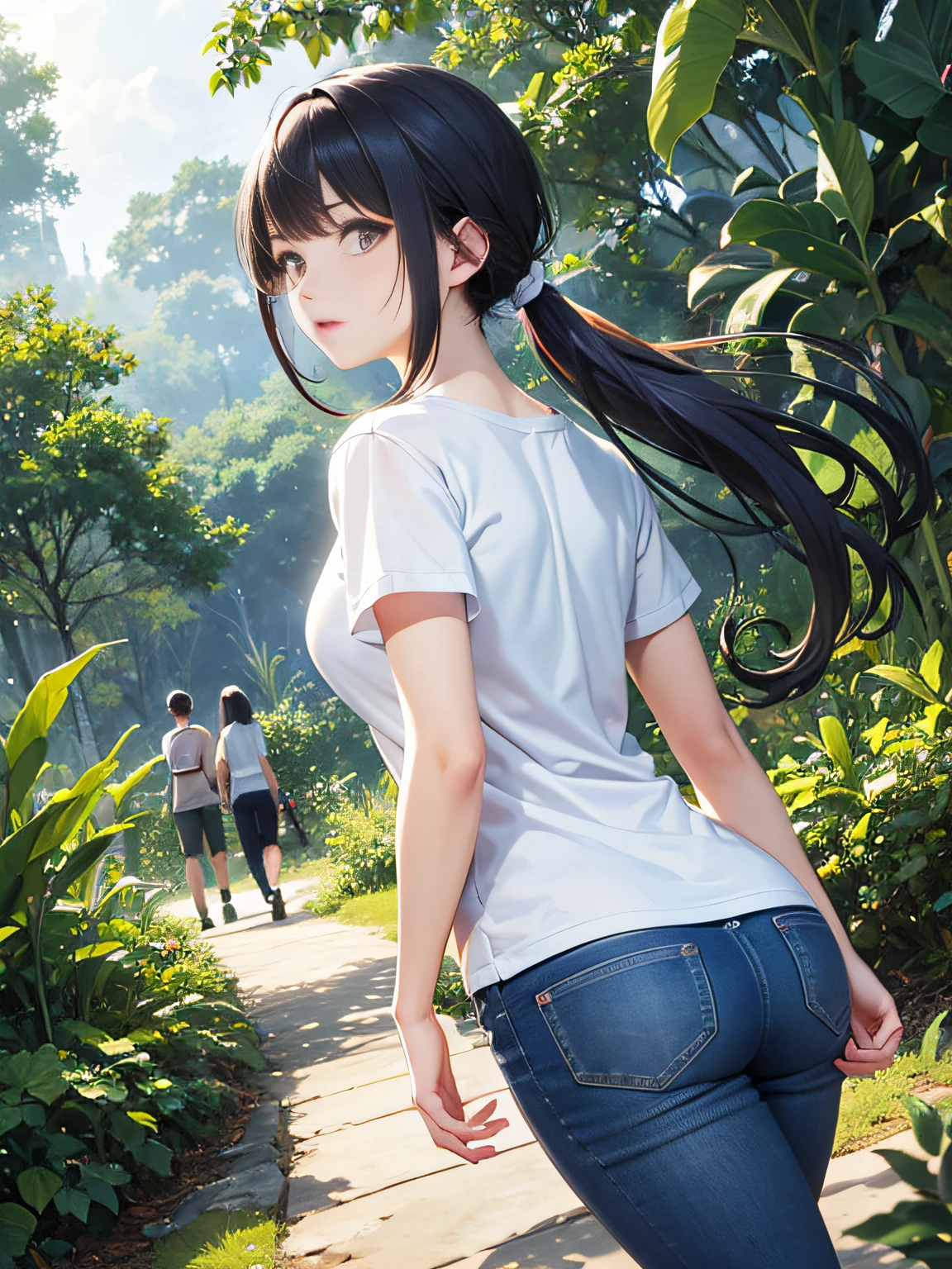 High image quality、High-resolution CG illustrations、Walk through the jungle、White T-shirt、Blue Jeans、Girl with black hair tied back、Rear view、Anime style --auto