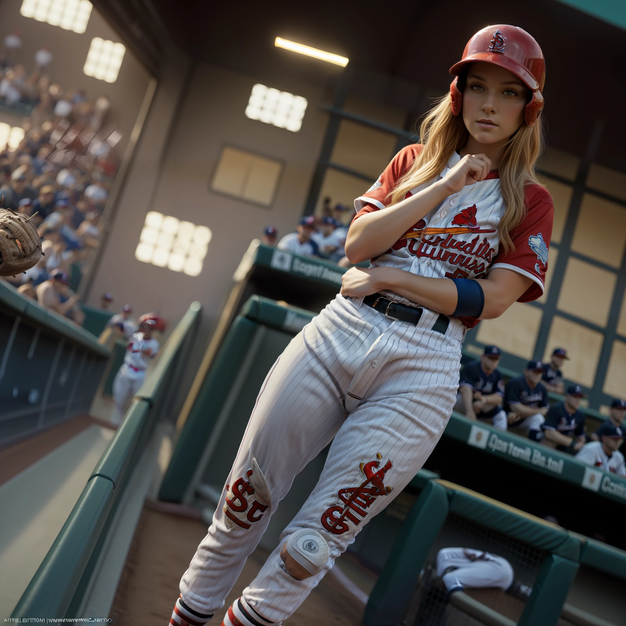 Teddi Mansueto, full body potrait of a photorealistic beautiful woman, (spectating a baseball game:1.5), hands in pockets:1.25, staring at camera in front, intense coloration fantasy, light hair, a stunning realistic photograph 20 years , random colored hair, (St Louis Cardinals fan fashion:1.3), random color eyes, full body, cover, hyperdetailed painting, luminism, octane render, Bar lighting, complex, 8k resolution concept art portrait by Martina Fačková and Prywinko Art, Artgerm, WLOP, Alphonse Mucha, Tony Taka, fractal isometrics details bioluminescence, hypereallistic cover photo awesome full color, hand drawn, bright, gritty, realistic, davinci, erte .12k, intricate. hit definition , cinematic,Rough sketch, mix of bold dark lines and loose lines, bold lines, on paper , real life human
