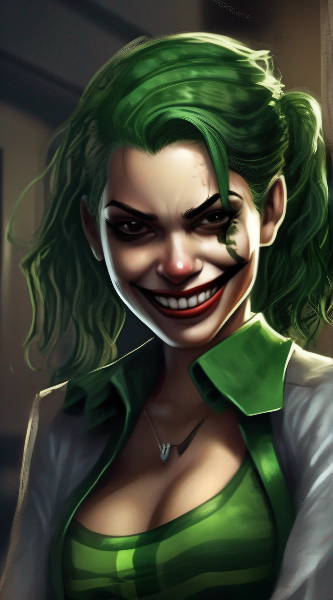 Arkham Coringa, 1girl colombiana , Cabelo Verde, Sorriso Maligno