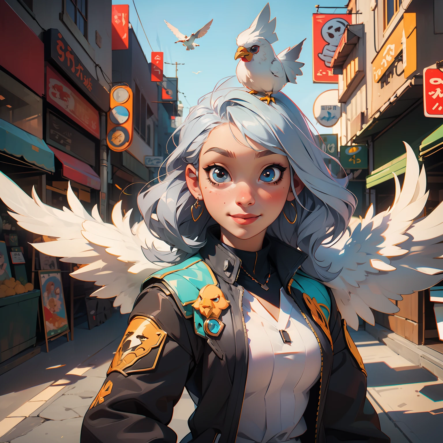(8k, RAW photo, top quality, masterpiece: 1.2), (realistic, photoreal: 1.37), 1 girl, (Kpop idol), (charming chick), portrait, cute, cityscape, professional lighting, photon mapping, radiosity, physically based rendering, smile, pose, silver-haired, bird cage, feathered coat, (chicken on head) (wearing a bird costume)