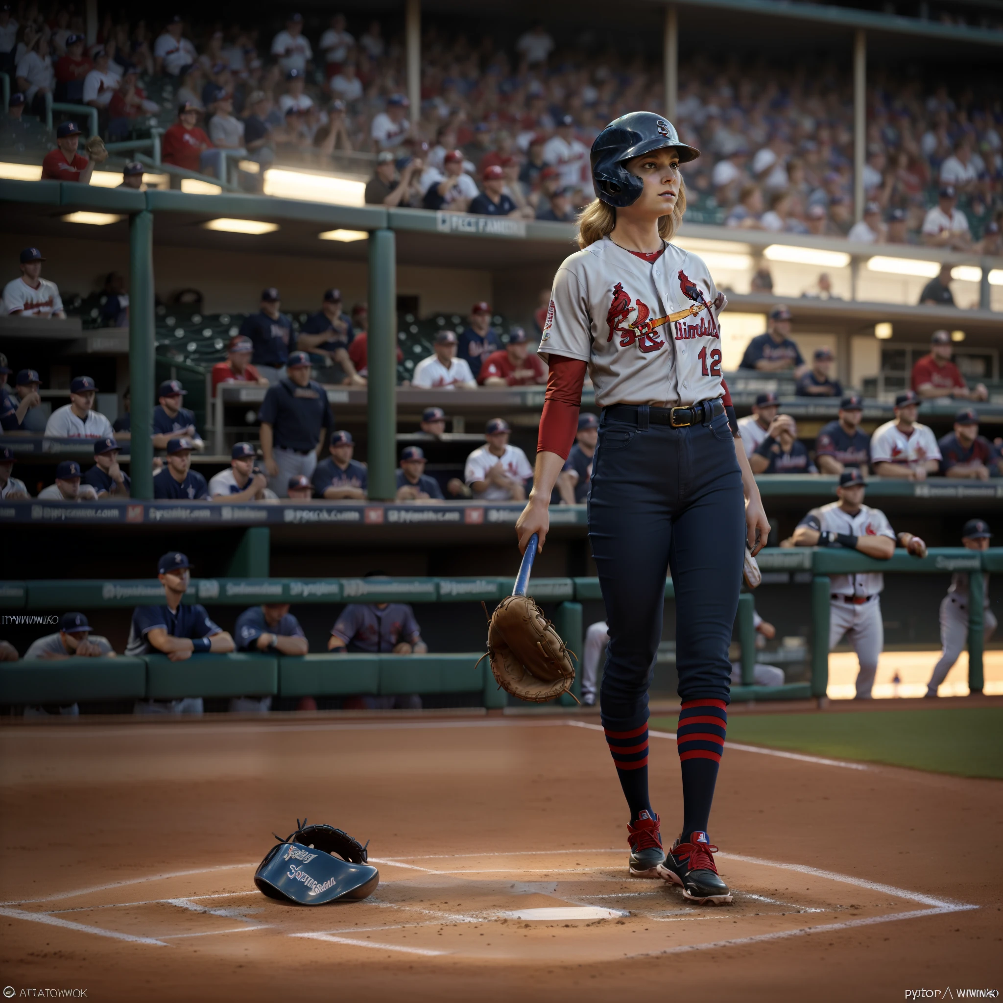 Teddi Mansueto, full body potrait of a photorealistic beautiful woman, (spectating a baseball game:1.5), hands in pockets:1.25, staring at camera in front, intense coloration fantasy, light hair, a stunning realistic photograph 20 years , random colored hair, (St Louis Cardinals fan fashion:1.3), random color eyes, full body, cover, hyperdetailed painting, luminism, octane render, Bar lighting,  complex, 8k resolution concept art portrait by Martina Fačková and Prywinko Art, Artgerm, WLOP, Alphonse Mucha, Tony Taka, fractal isometrics details bioluminescence,  hypereallistic cover photo awesome full color, hand drawn, bright, gritty, realistic, davinci, erte .12k, intricate. hit definition , cinematic,Rough sketch, mix of bold dark lines and loose lines, bold lines, on paper , real life human