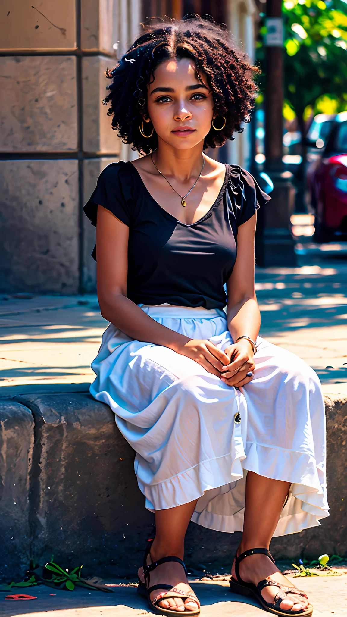 menino, teen, pele negra, olhos castanhos claros, frontal, vestido de camiseta e bermuda rasgada, sitting on the sidewalk of tiradentes square in Rio de Janeiro, brasil, cabelo afro,