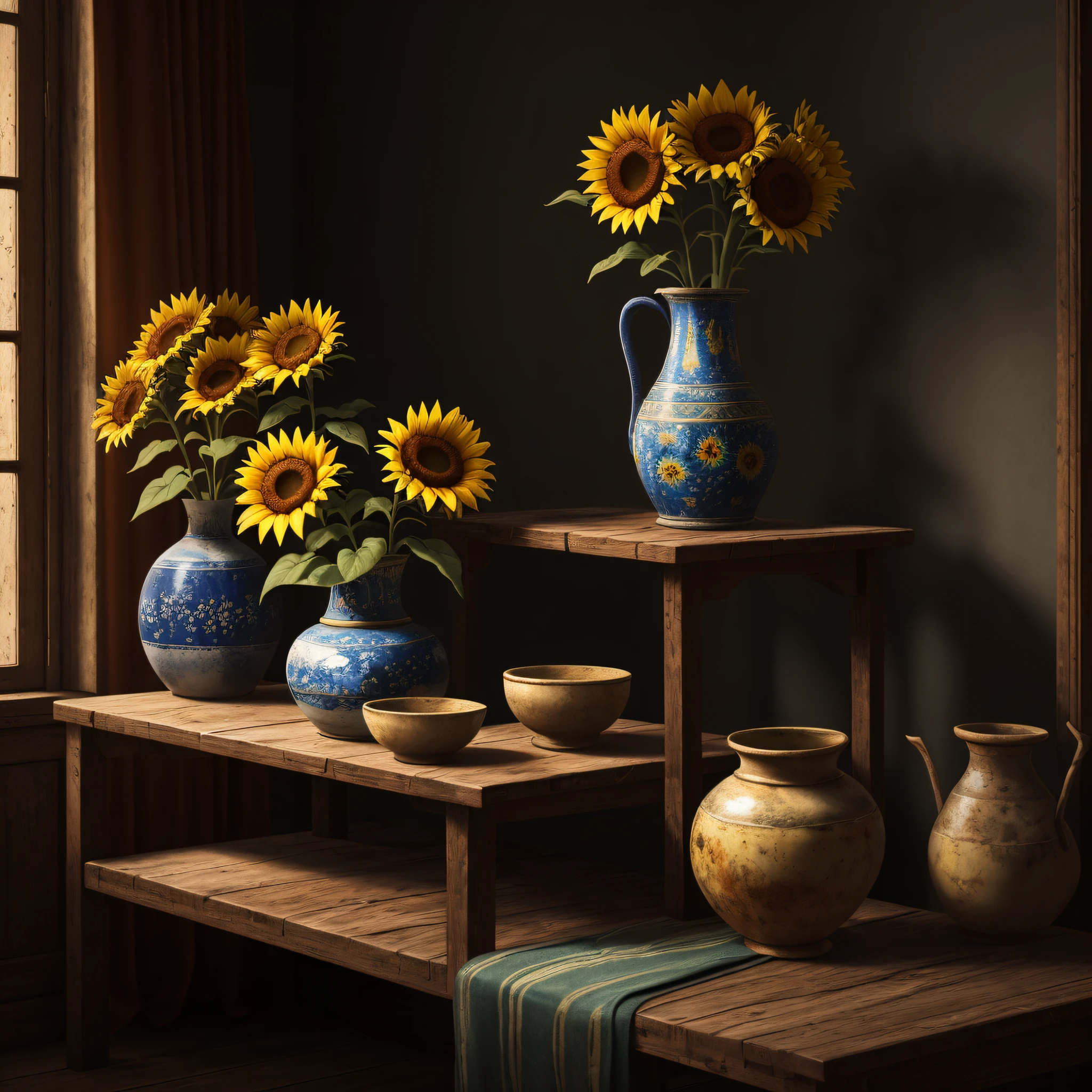 Interior, dark, smoky, bright still life, on a rustic, medieval table, bathed in sunlight streaming through the open window, vases with sunflowers painted by Van Gogh, classic vintage oil painting image, HDR, detailed, supersaturated, fruits around roman vases, ....3d, 8k, painter's studio dark background, still life with light like a cinematic spotlight --auto