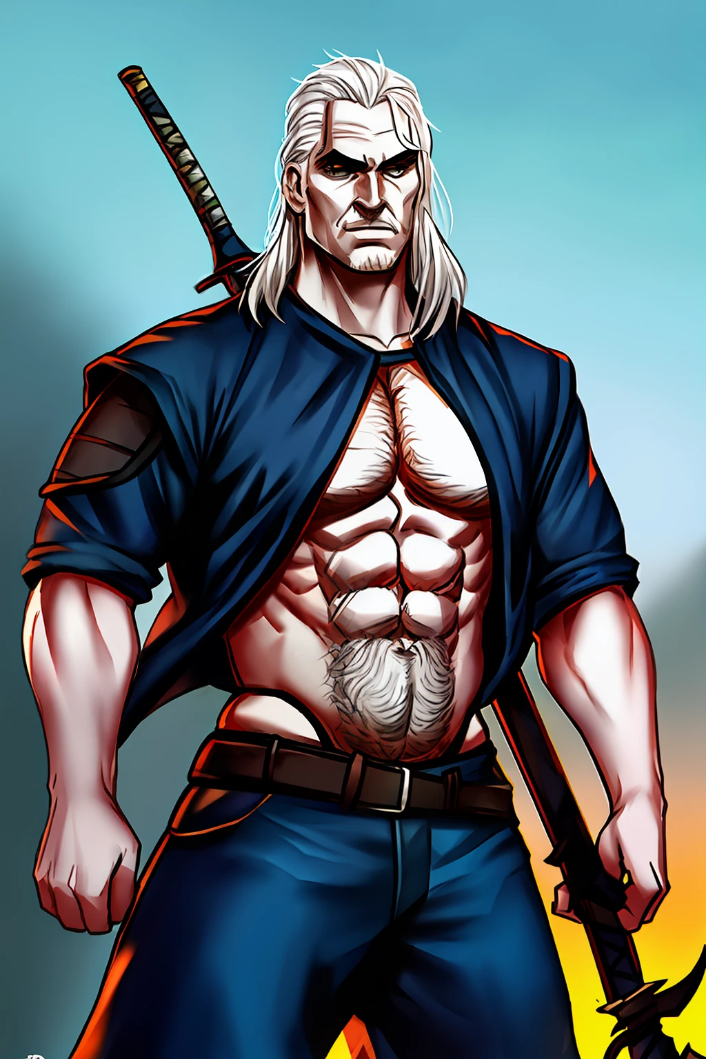 Geralt jovem com barriga de fora e uma espada