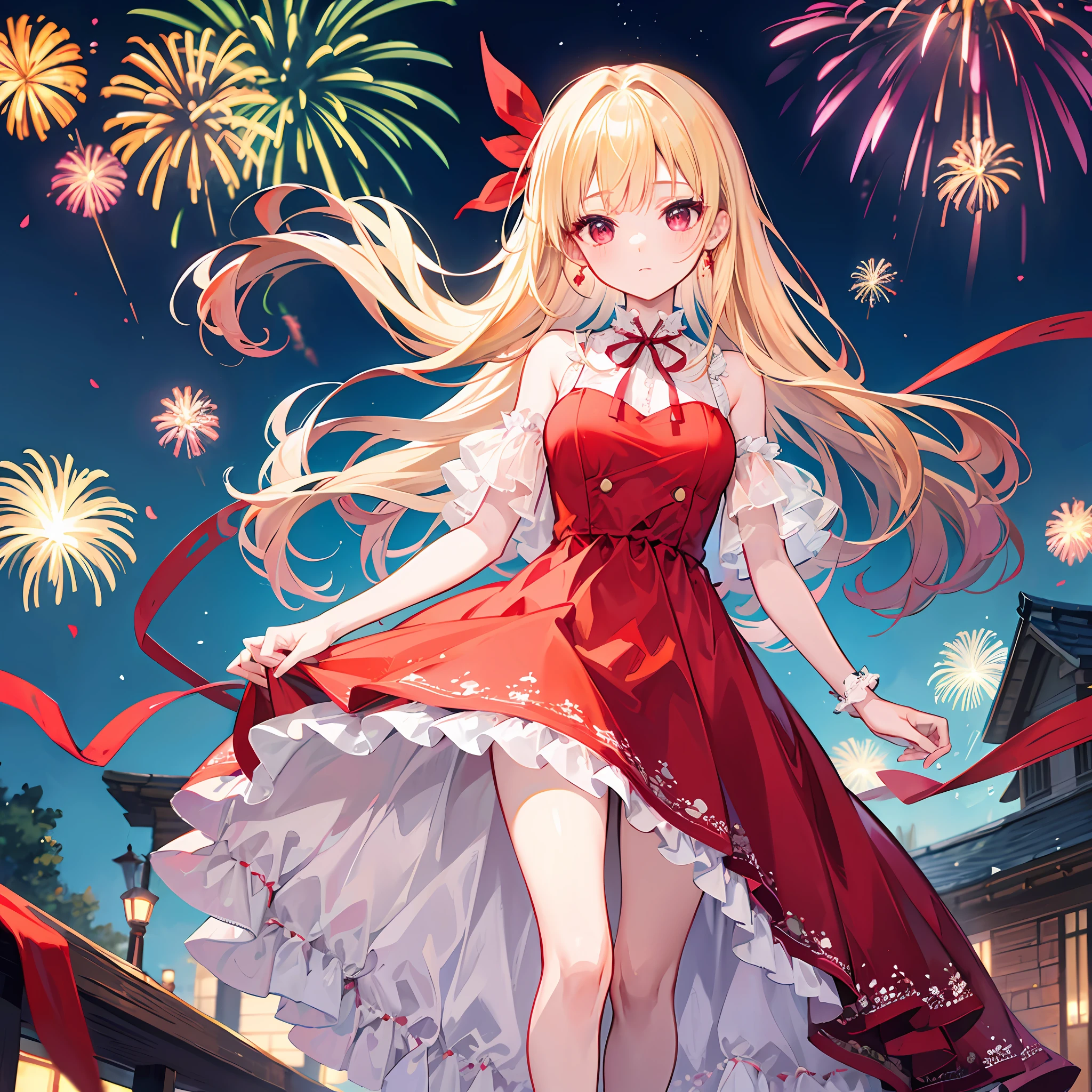 One blonde girl、Red ribbon、red-eyed、Red dress、night、firework