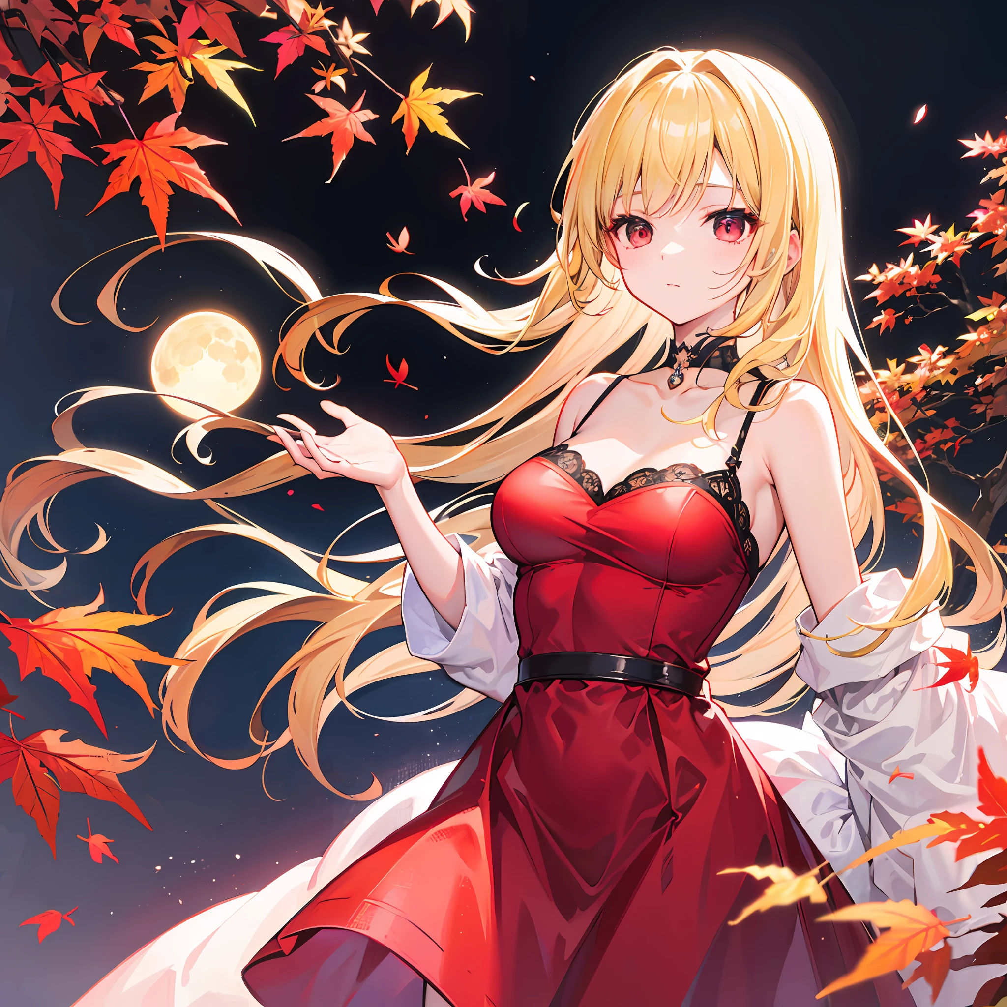 One blonde girl、red-eyed、Red dress、night、autumn leaves